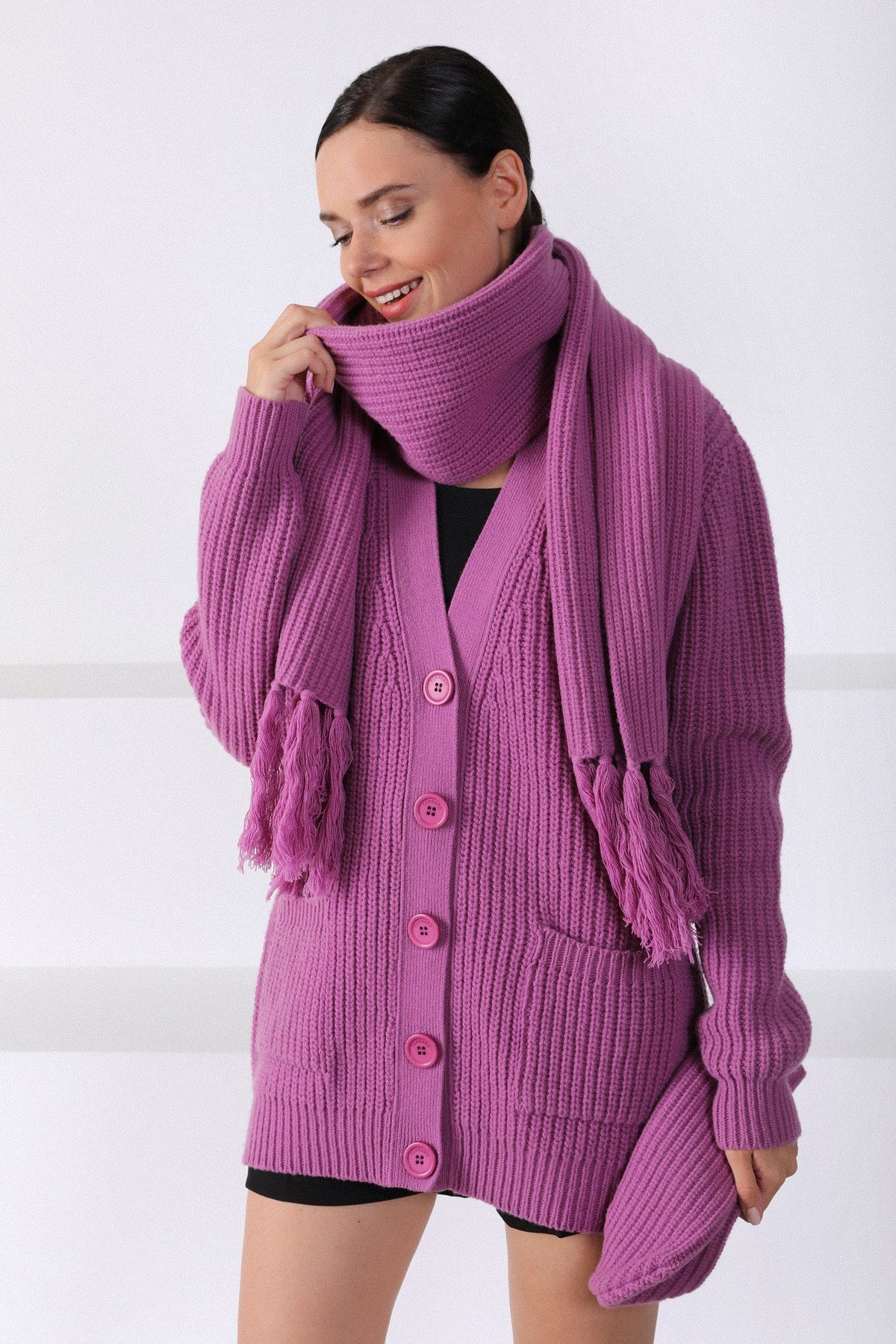 Ferraro Lila Kuzu Yünü Kadın Atkı Bere Takımı