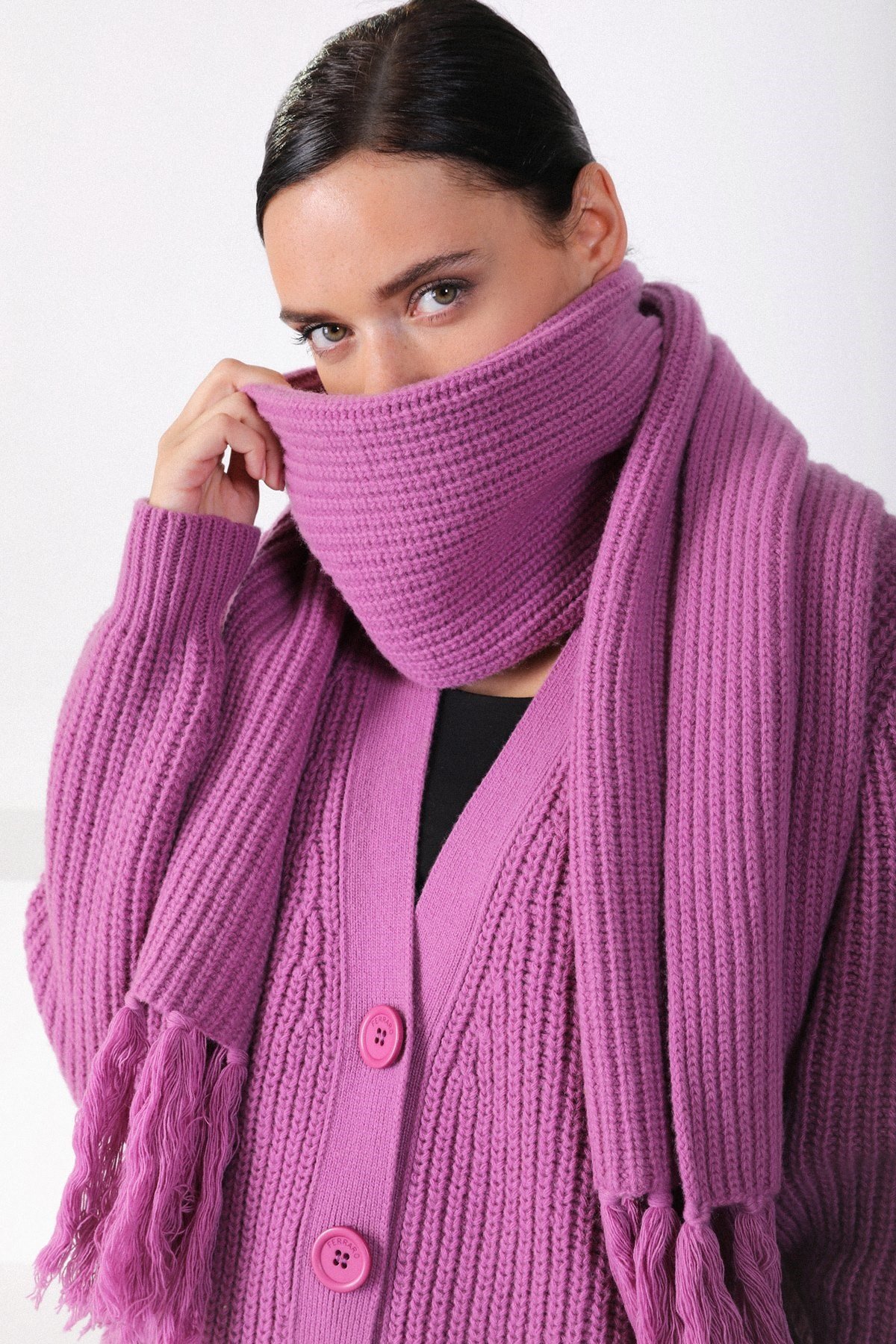 Ferraro Lila Kuzu Yünü Kadın Atkı Bere Takımı