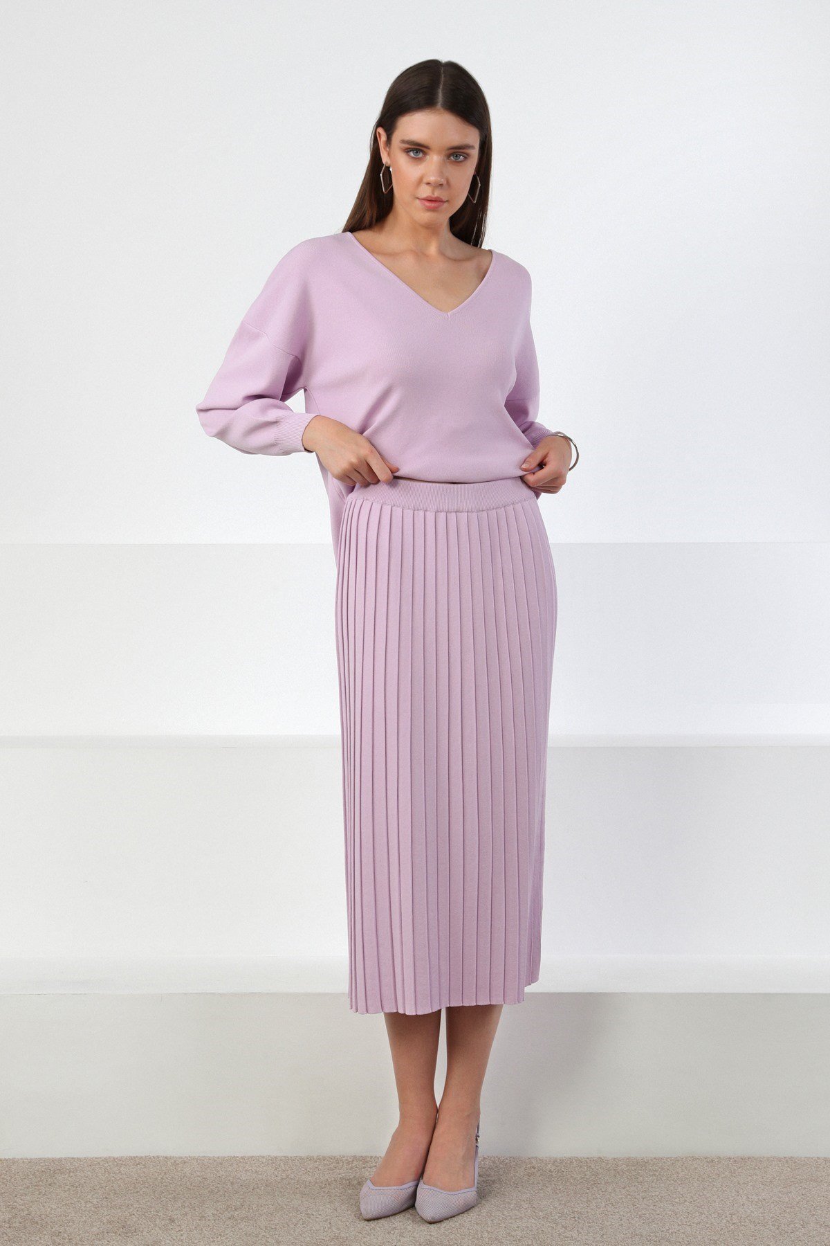 Ferraro Lila Midi Boy Pileli Kadın Triko Etek