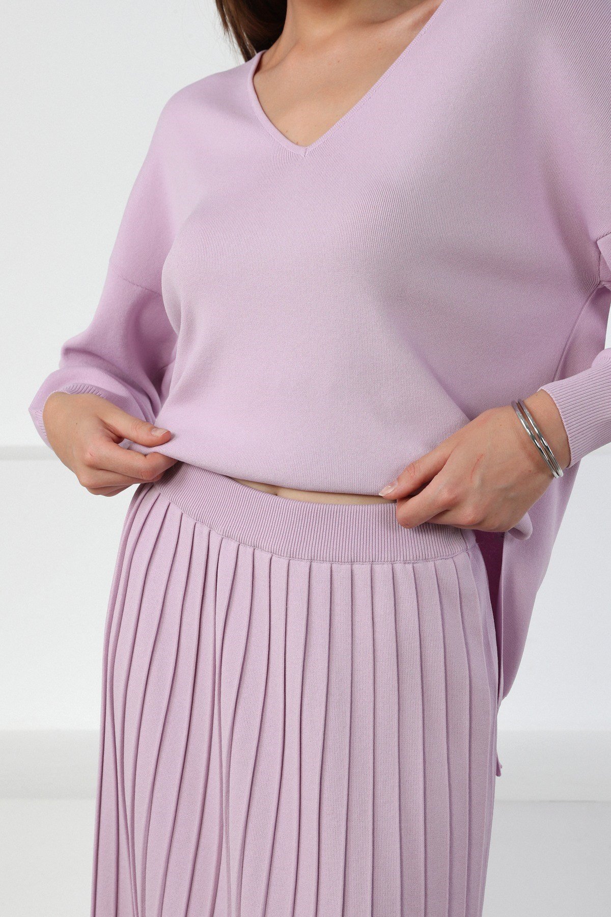 Ferraro Lila Midi Boy Pileli Kadın Triko Etek