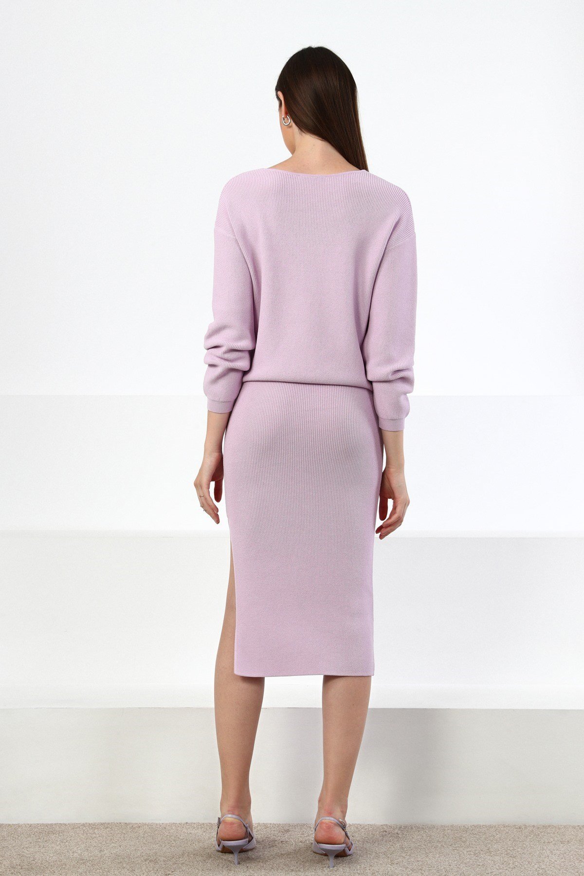 Ferraro Lila Midi Boy Yandan Yırtmaçlı Kadın Triko Etek