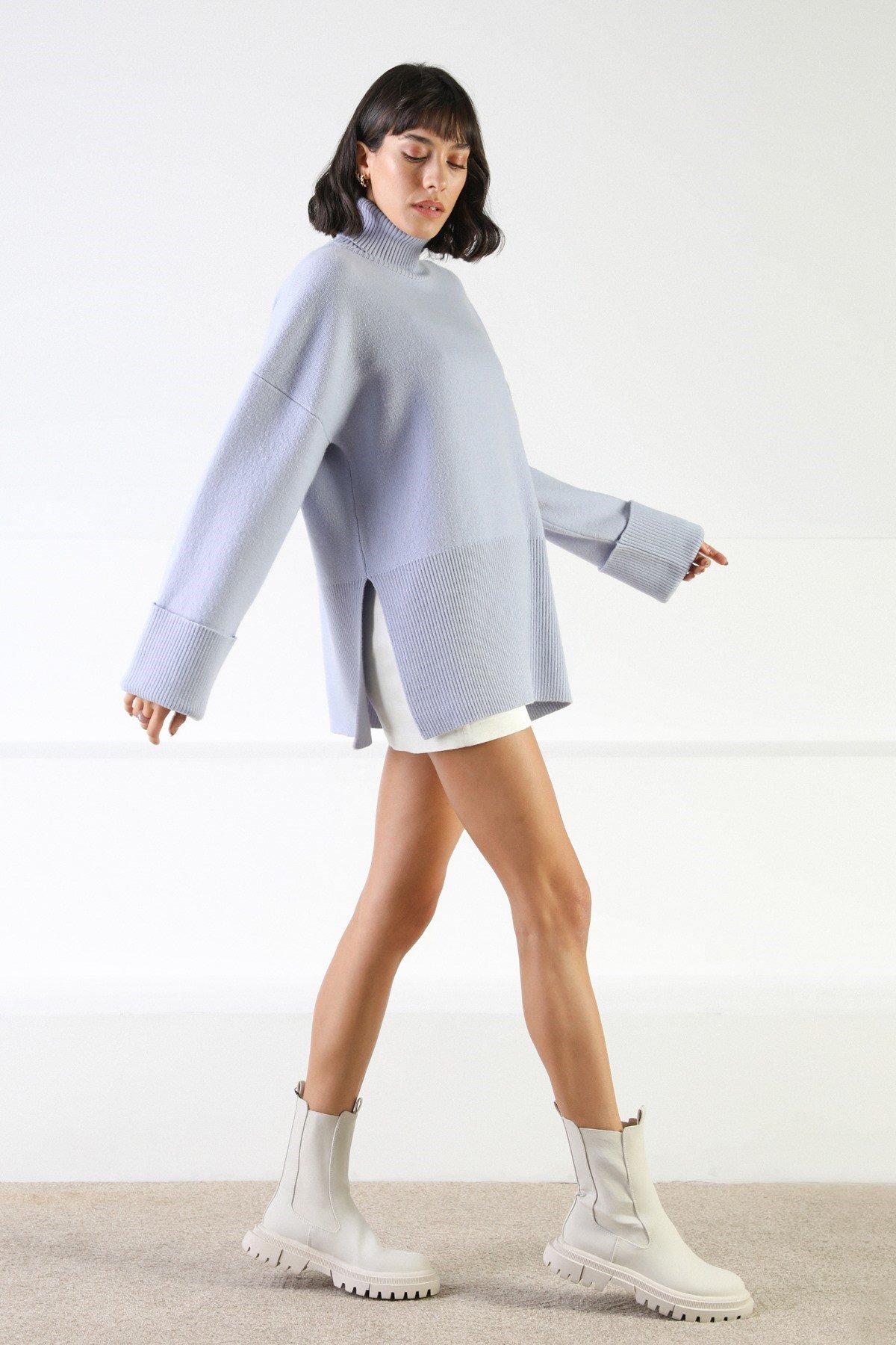 Ferraro Lila Uzun Kollu Balıkçı Yaka Kaşmirli Kadın Triko Kazak