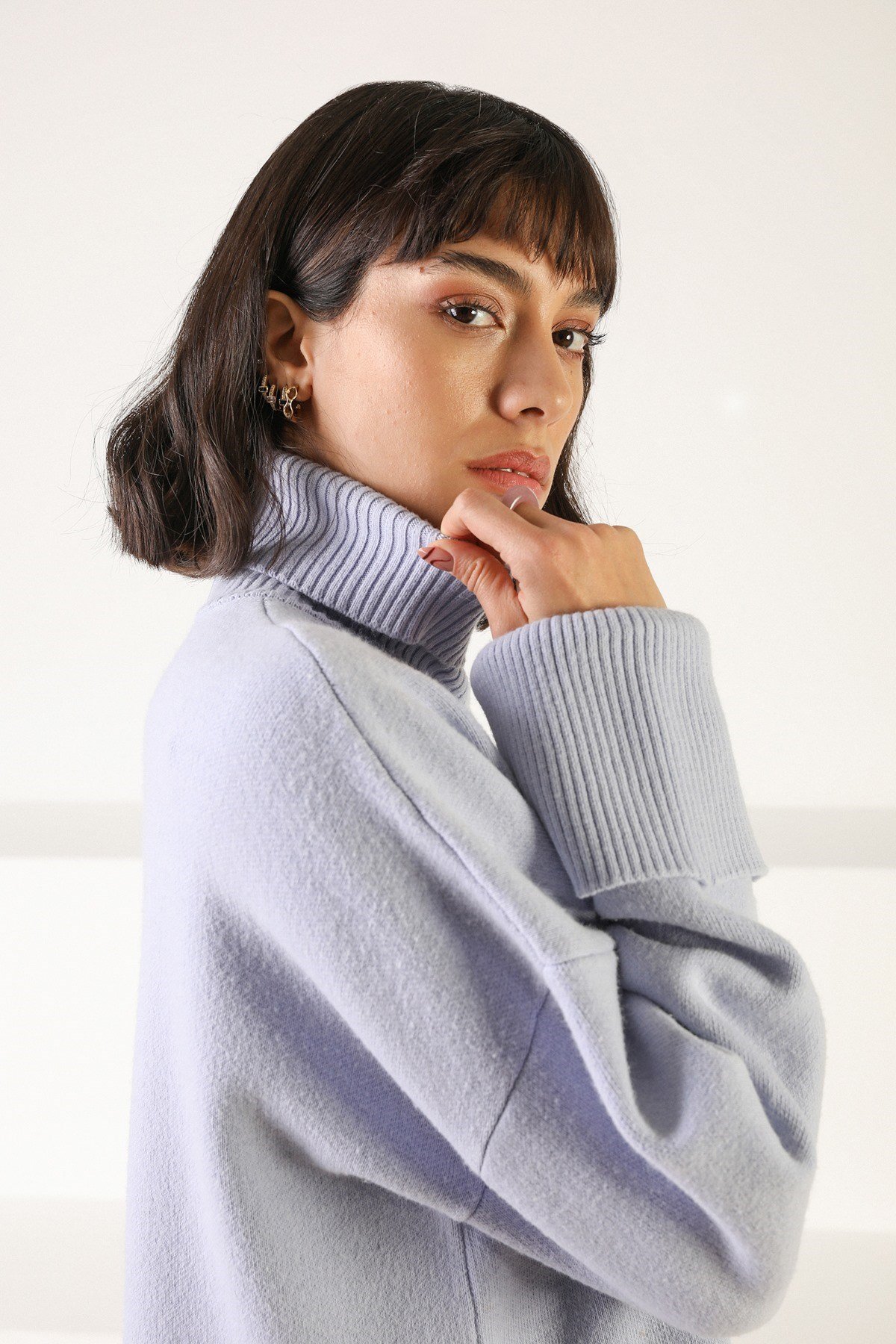 Ferraro Lila Uzun Kollu Balıkçı Yaka Kaşmirli Kadın Triko Kazak