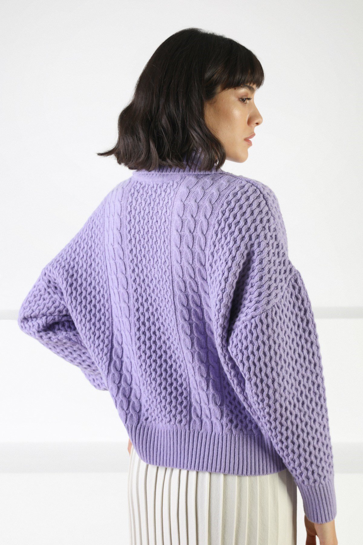 Ferraro Lila Uzun Kollu Gömlek Yaka Yünlü Kadın Triko Kazak