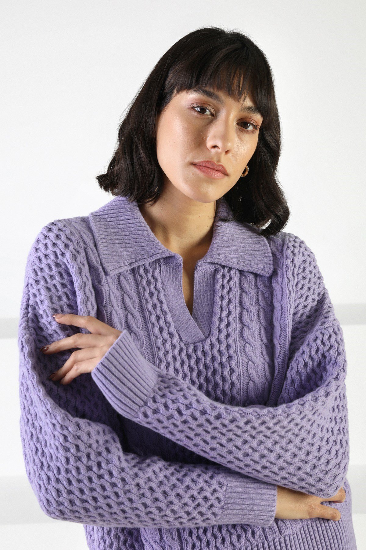 Ferraro Lila Uzun Kollu Gömlek Yaka Yünlü Kadın Triko Kazak