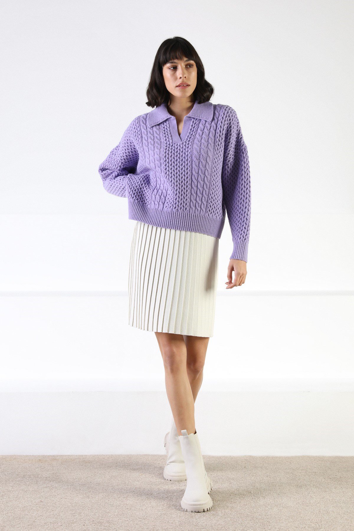 Ferraro Lila Uzun Kollu Gömlek Yaka Yünlü Kadın Triko Kazak