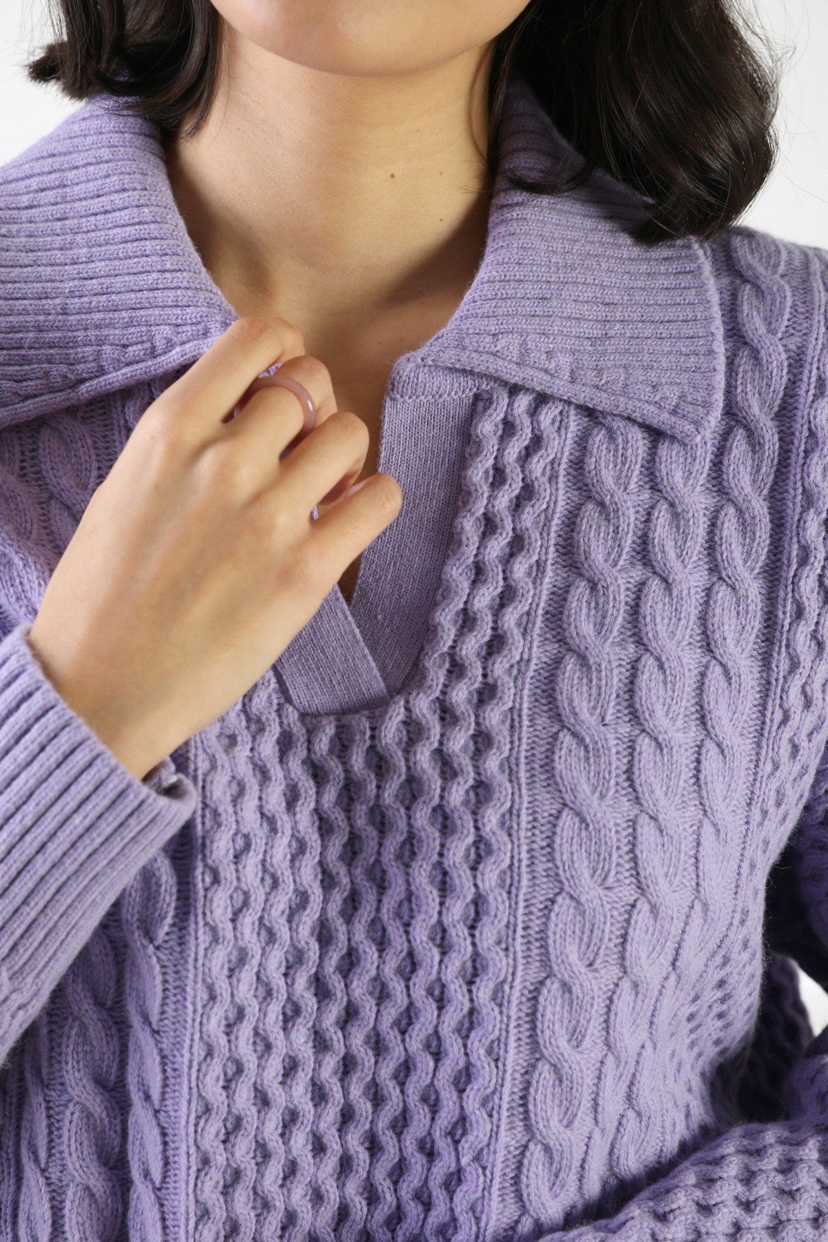 Ferraro Lila Uzun Kollu Gömlek Yaka Yünlü Kadın Triko Kazak