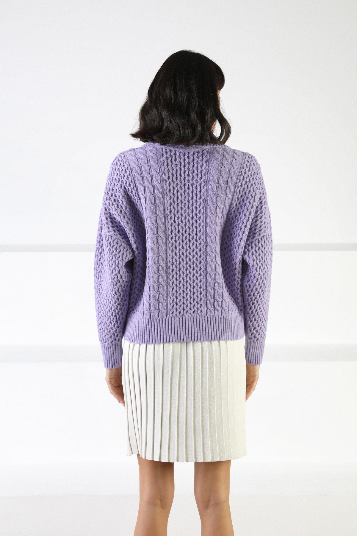 Ferraro Lila Uzun Kollu Gömlek Yaka Yünlü Kadın Triko Kazak