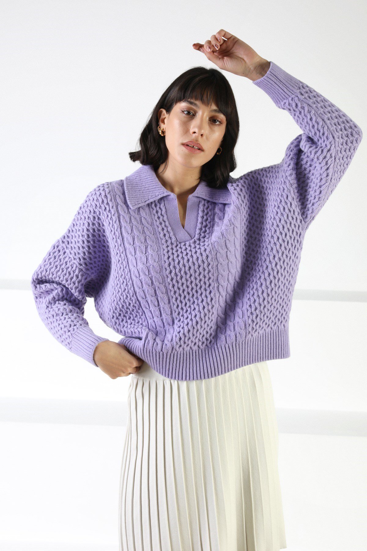 Ferraro Lila Uzun Kollu Gömlek Yaka Yünlü Kadın Triko Kazak