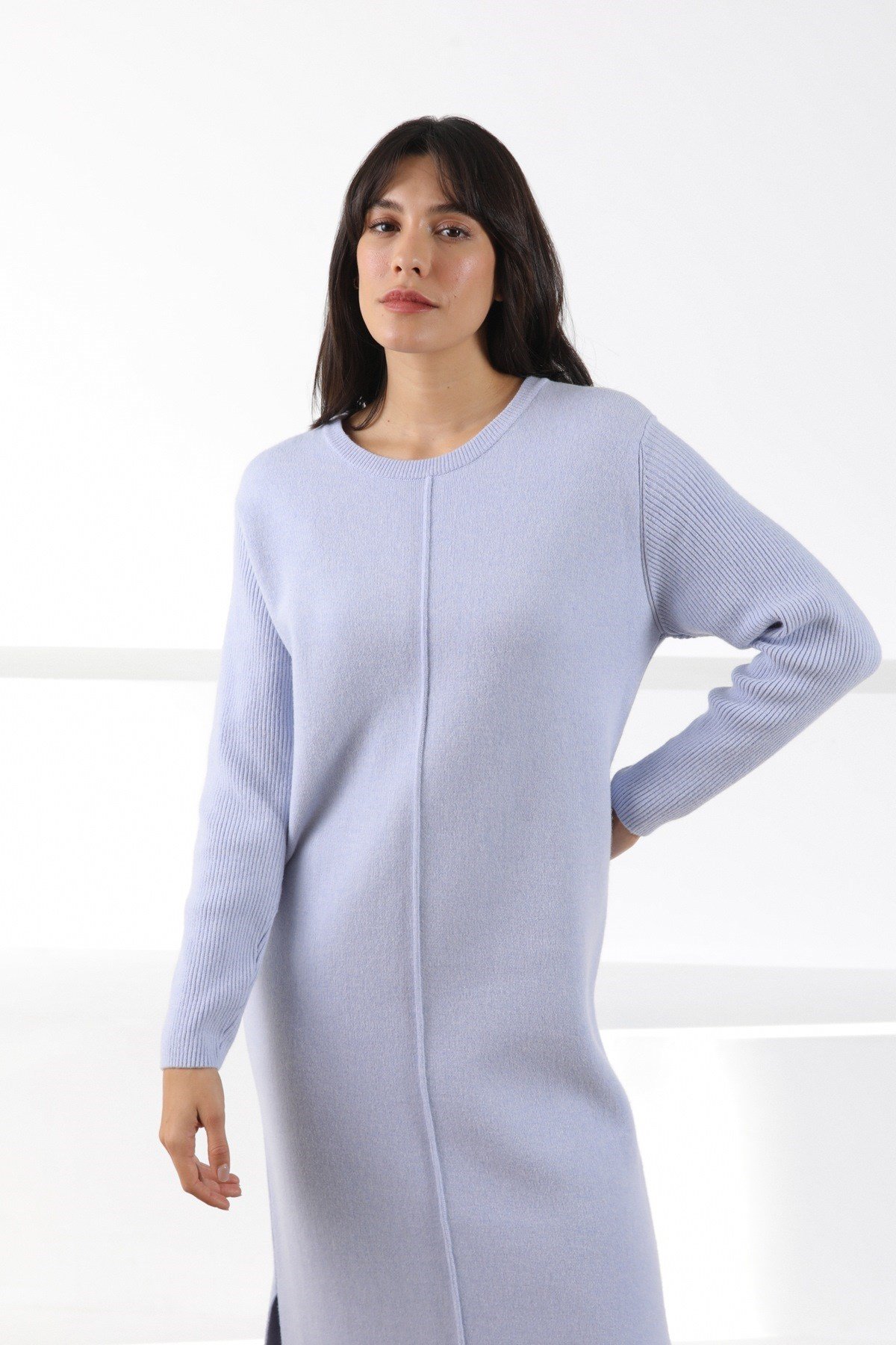 Ferraro Lila Yandan Yırtmaçlı Midi Boy Kaşmirli Kadın Triko Elbise