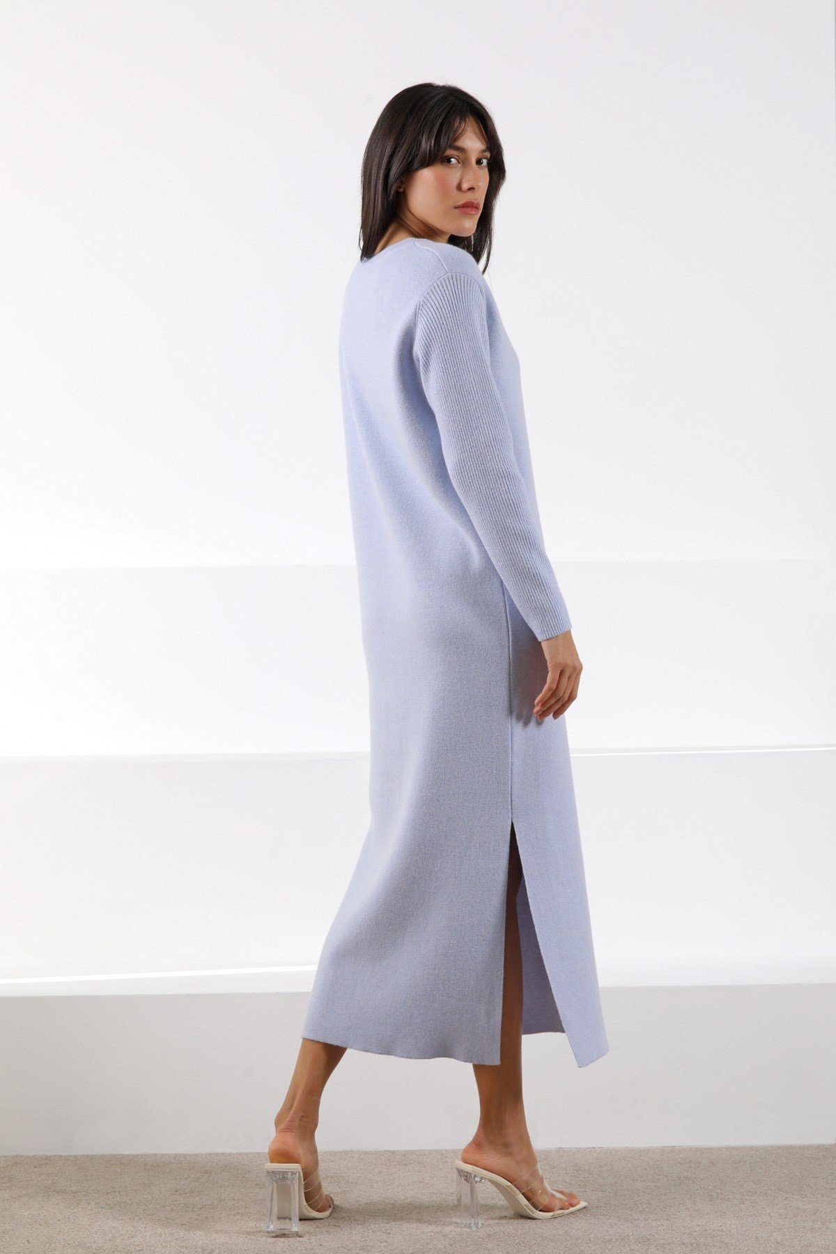 Ferraro Lila Yandan Yırtmaçlı Midi Boy Kaşmirli Kadın Triko Elbise