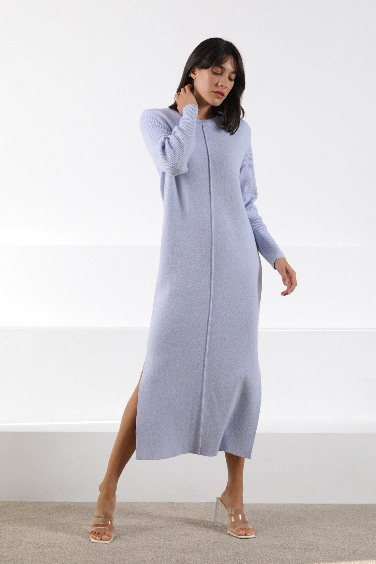 Ferraro Lila Yandan Yırtmaçlı Midi Boy Kaşmirli Kadın Triko Elbise