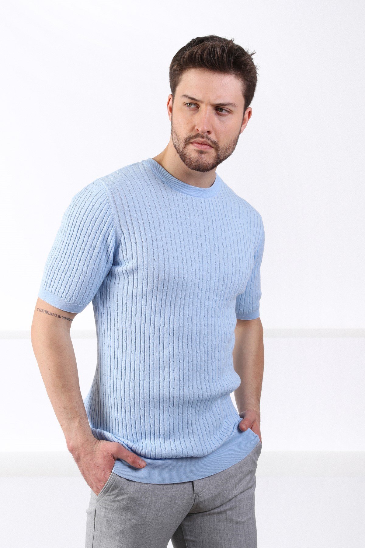 Ferraro Mavi Bisiklet Yaka Erkek Pamuk Triko T-Shirt