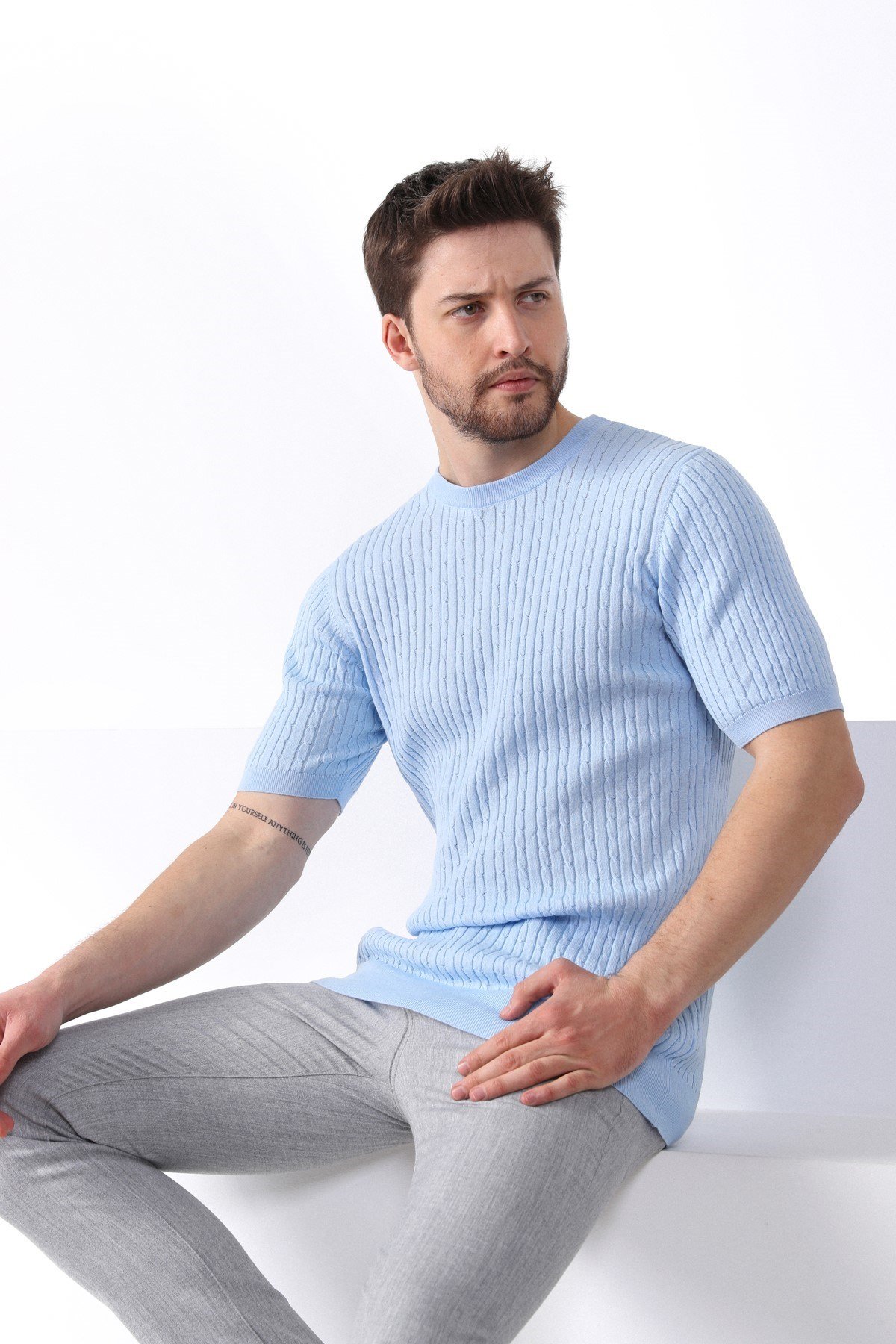 Ferraro Mavi Bisiklet Yaka Erkek Pamuk Triko T-Shirt