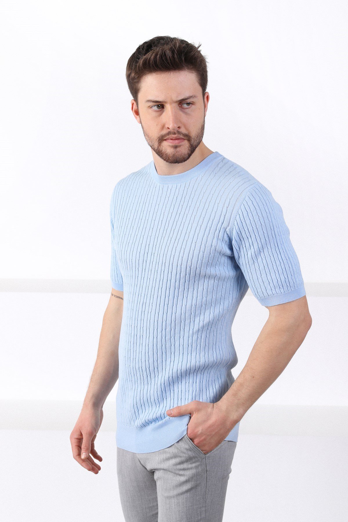 Ferraro Mavi Bisiklet Yaka Erkek Pamuk Triko T-Shirt