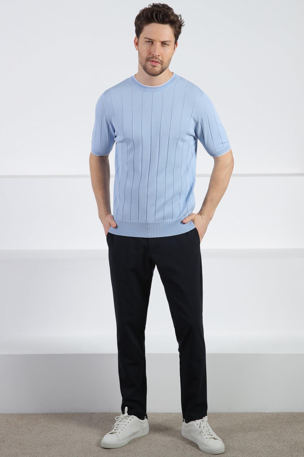 Ferraro Mavi Bisiklet Yaka Erkek Rayon Triko T-Shirt