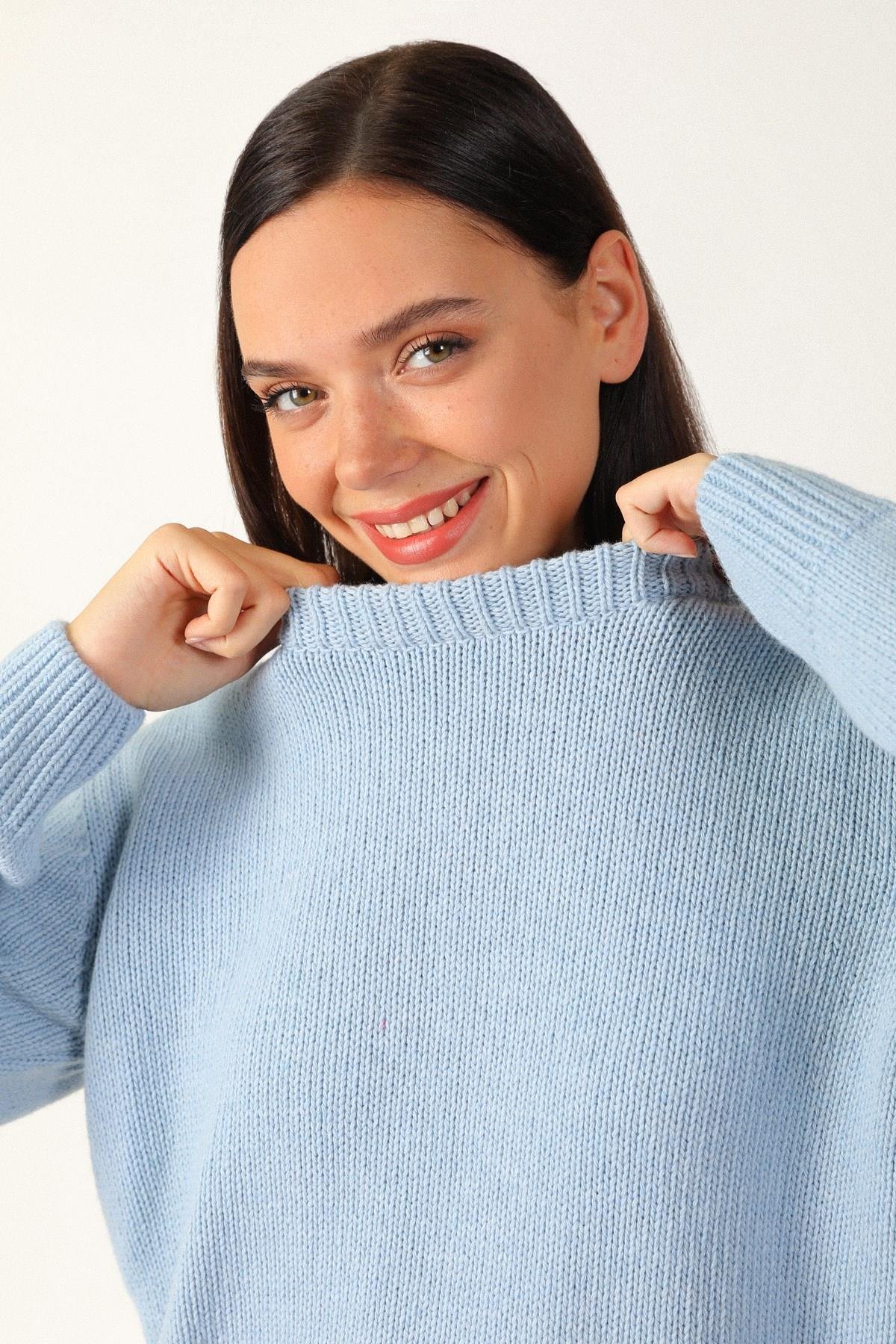 Ferraro Mavi Bisiklet Yaka Yünlü Basic Kadın Triko Kazak
