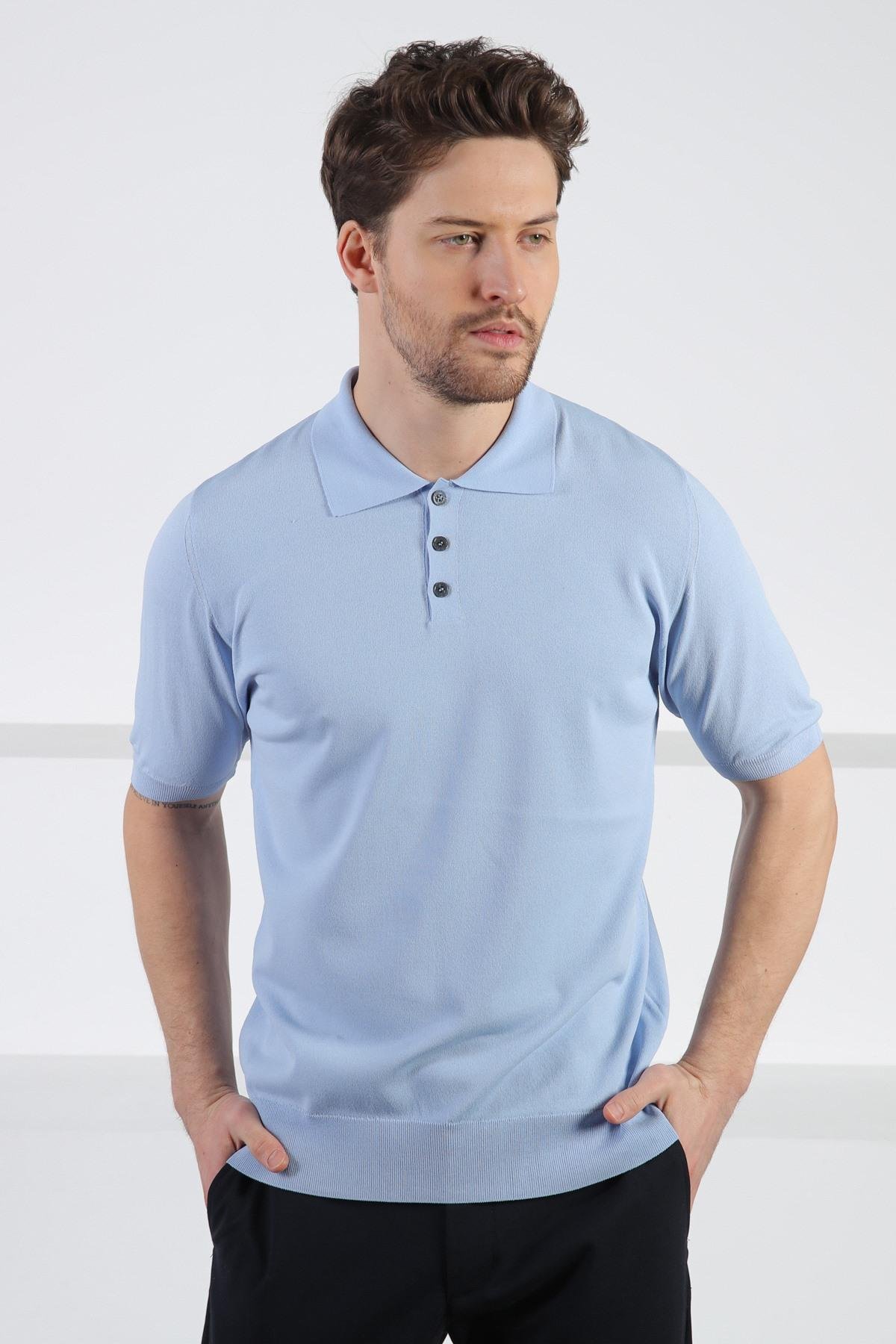 Ferraro Mavi Düğmeli Polo Yaka Erkek Rayon Triko T-Shirt