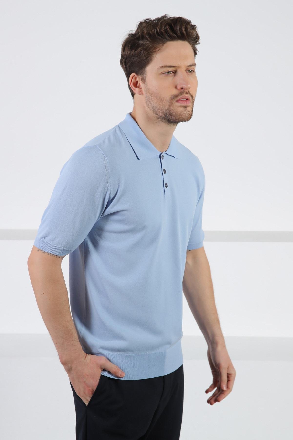 Ferraro Mavi Düğmeli Polo Yaka Erkek Rayon Triko T-Shirt