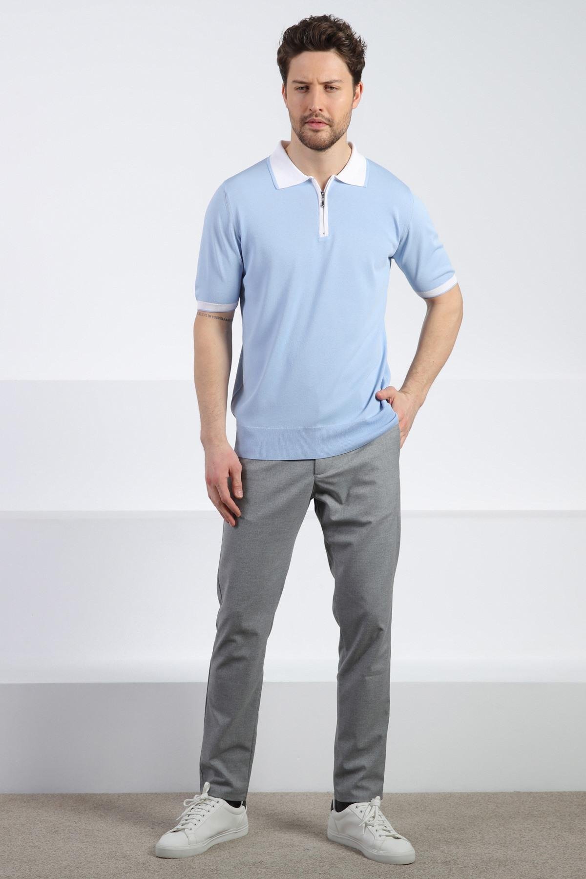 Ferraro Mavi Fermuarlı Polo Yaka Erkek Rayon Triko T-Shirt