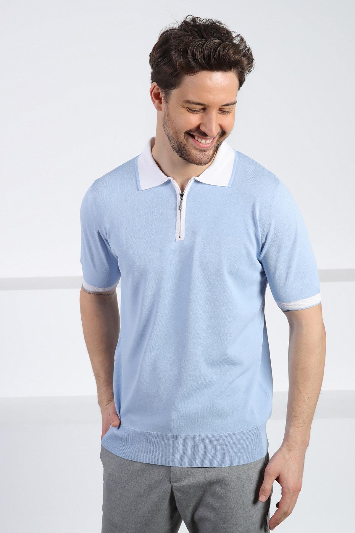 Ferraro Mavi Fermuarlı Polo Yaka Erkek Rayon Triko T-Shirt