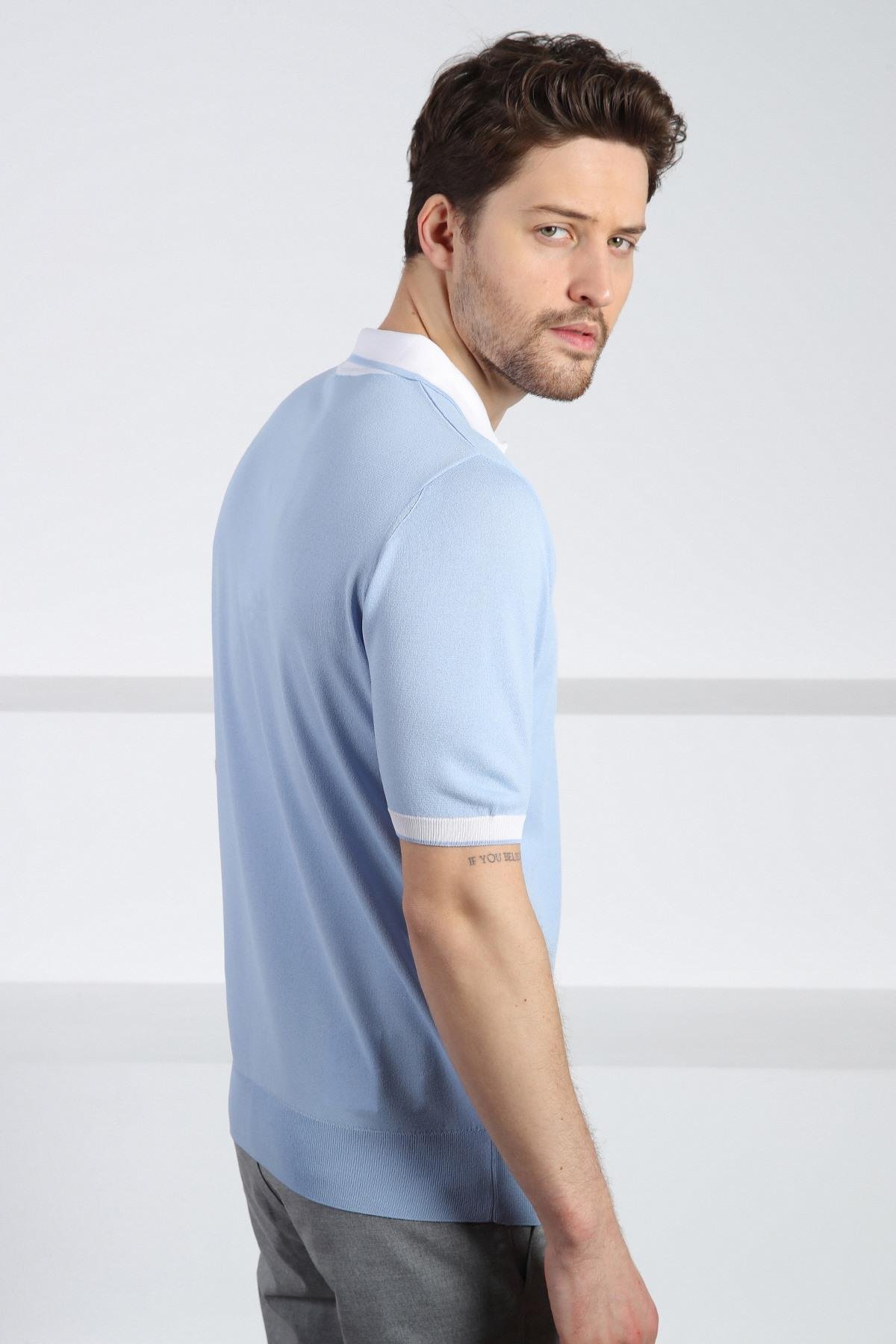Ferraro Mavi Fermuarlı Polo Yaka Erkek Rayon Triko T-Shirt