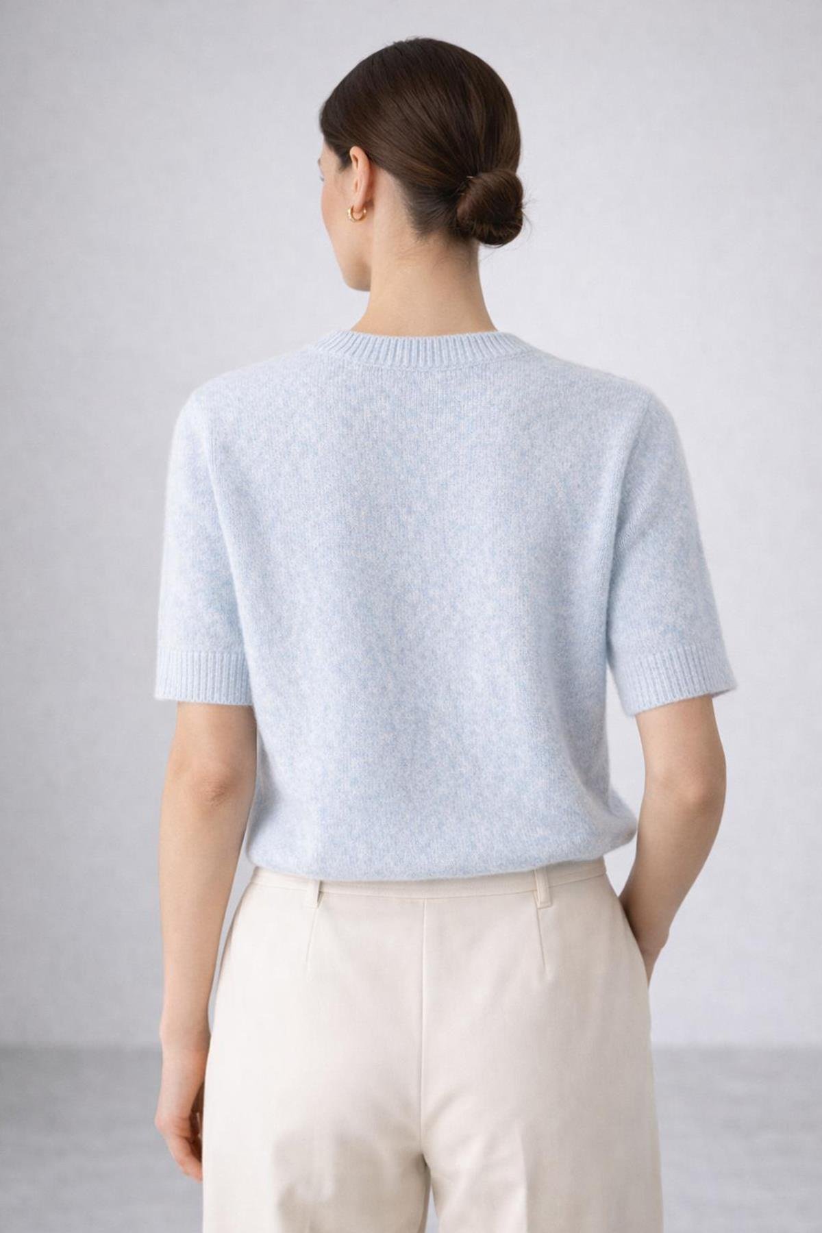 Ferraro Mavi Kadın Mevsimlik Yün Karışımlı Kısa Kollu Triko Bluz