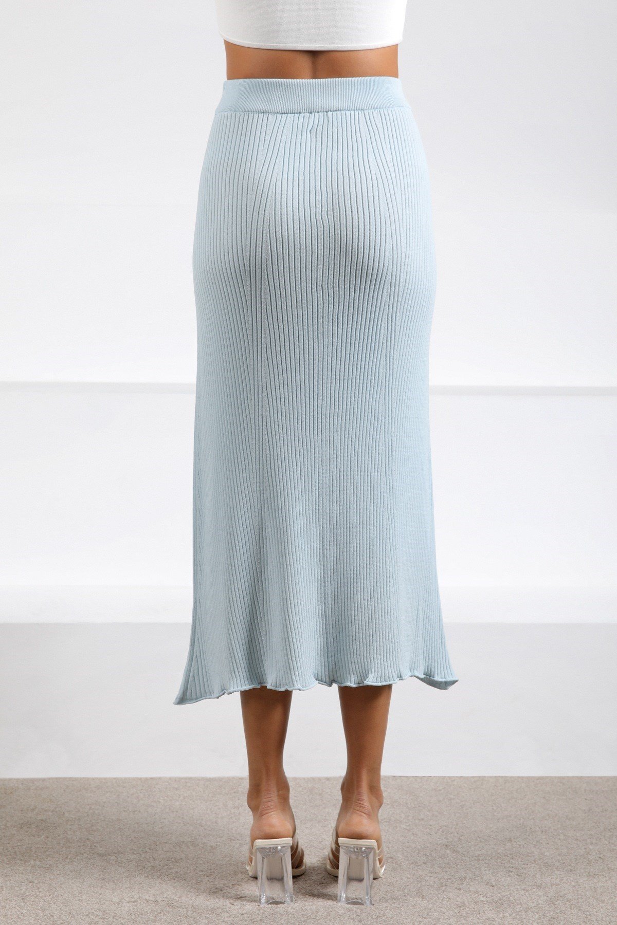 Ferraro Mavi Midi Boy Kadın Triko Etek