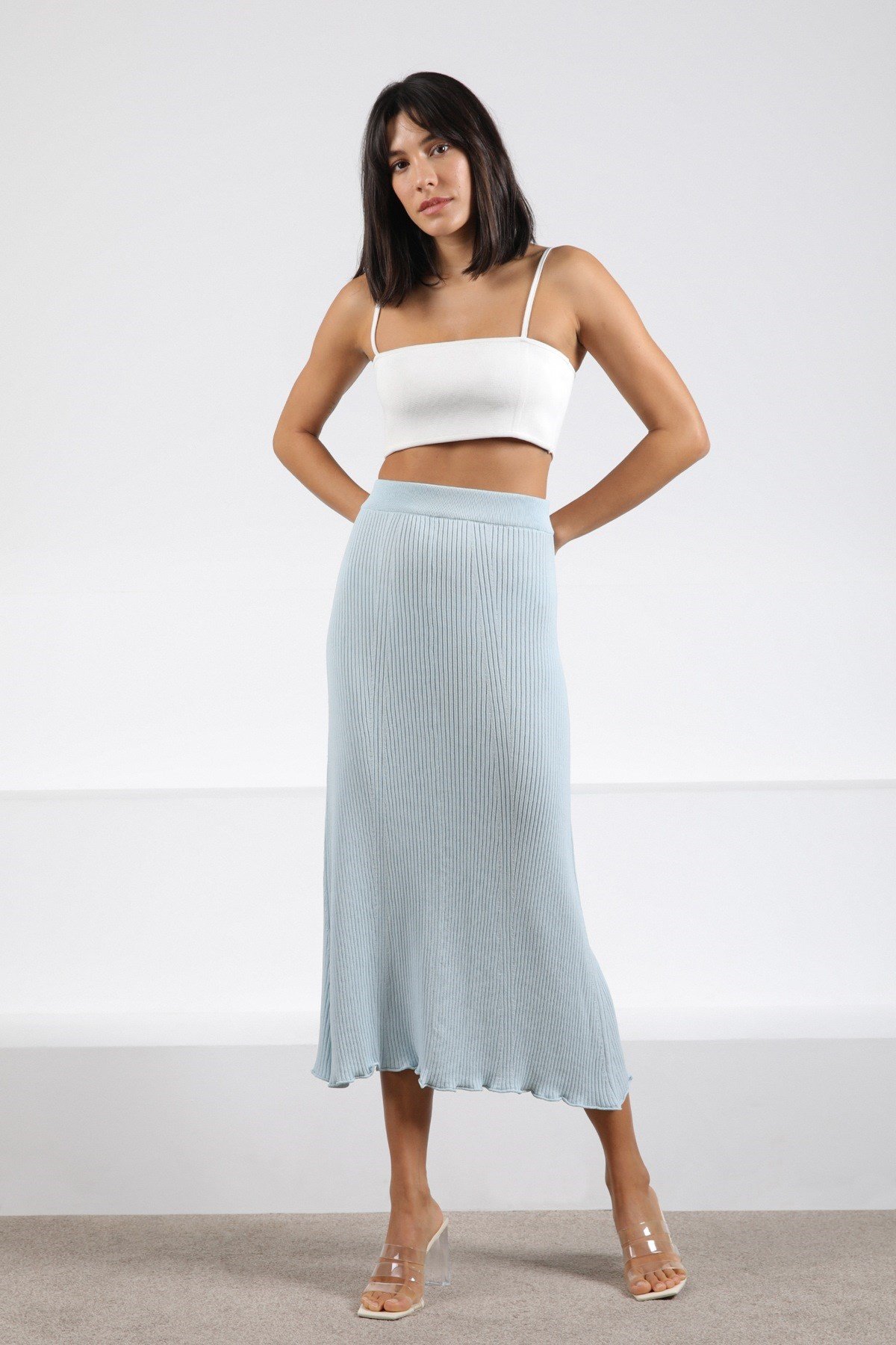 Ferraro Mavi Midi Boy Kadın Triko Etek