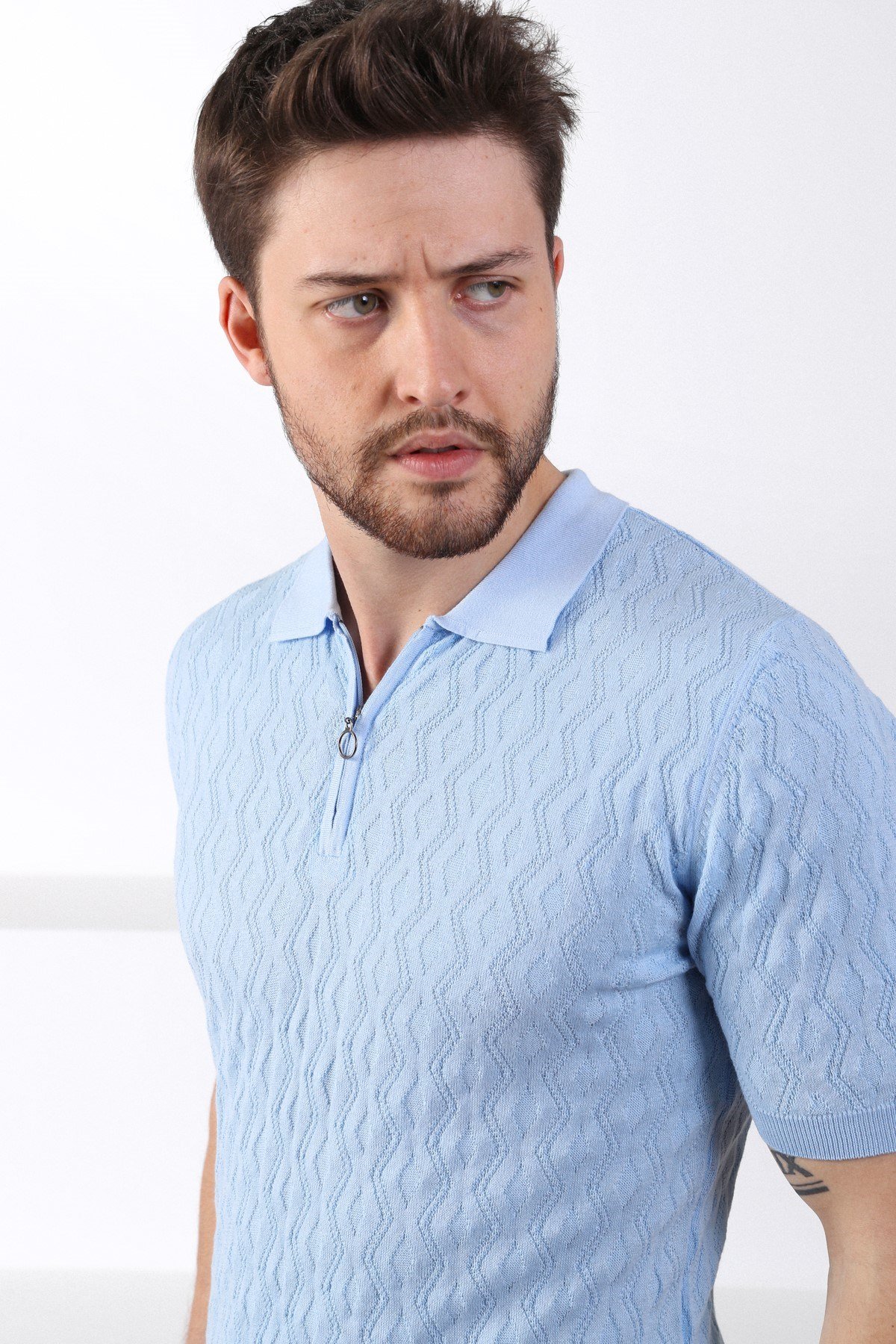 Ferraro Mavi Polo Yaka Fermuarlı Erkek Pamuk Triko T-Shirt