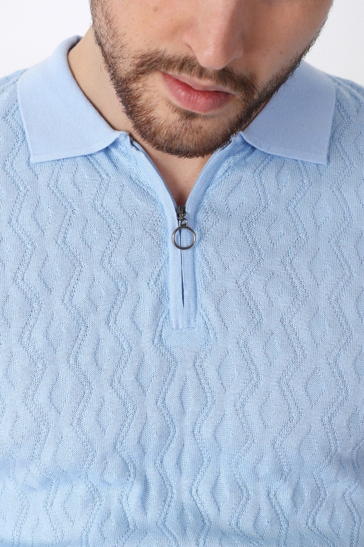 Ferraro Mavi Polo Yaka Fermuarlı Erkek Pamuk Triko T-Shirt