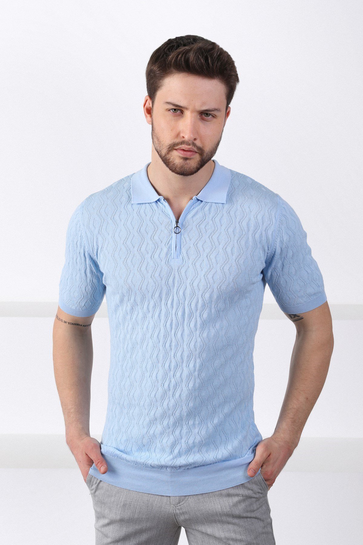 Ferraro Mavi Polo Yaka Fermuarlı Erkek Pamuk Triko T-Shirt