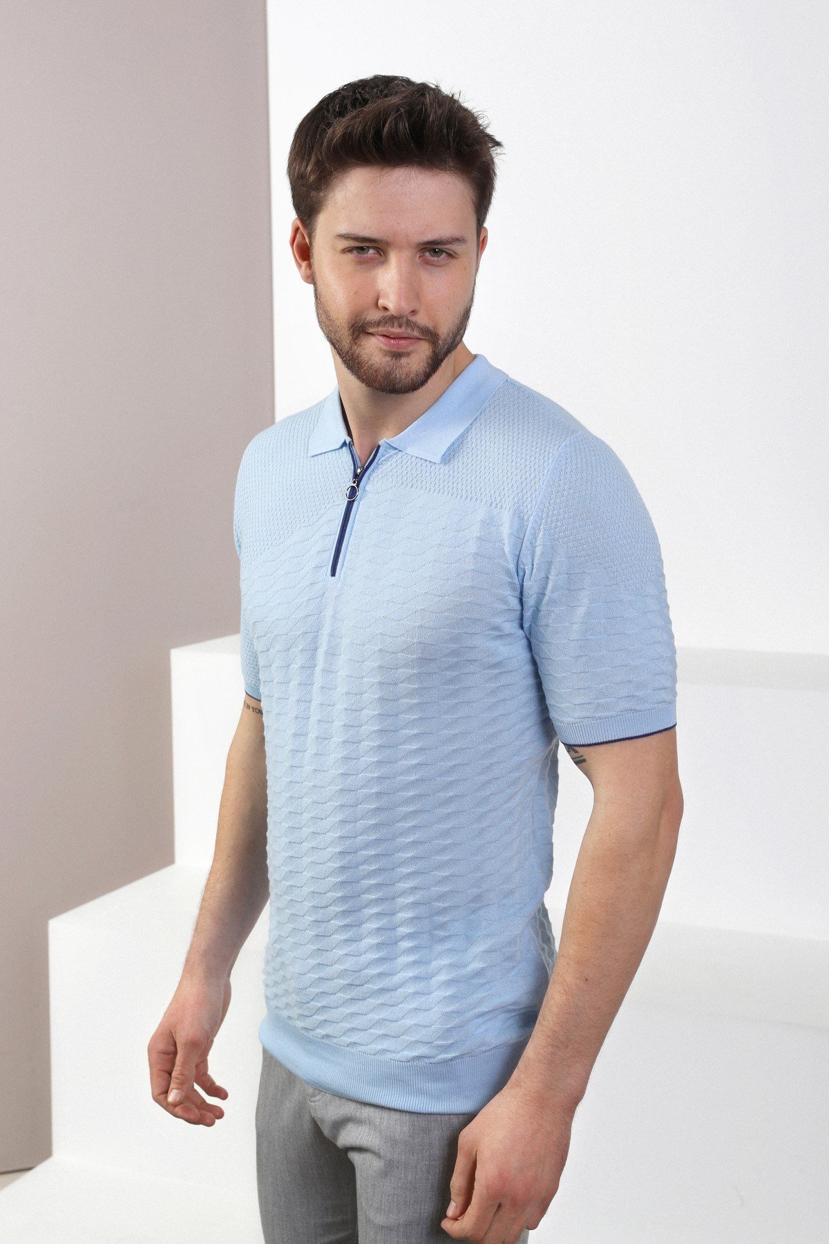 Ferraro Mavi Polo Yaka Fermuarlı Erkek Pamuk Triko T-Shirt