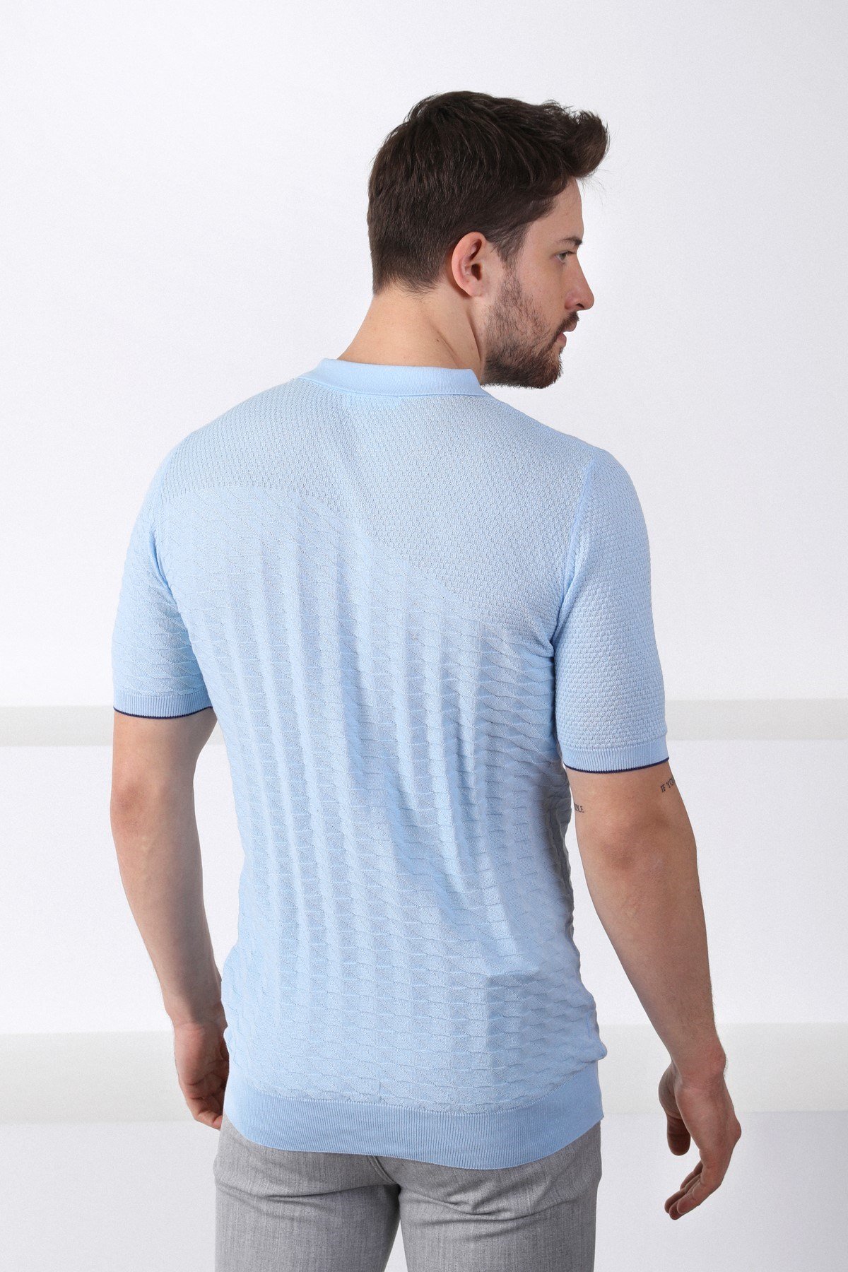 Ferraro Mavi Polo Yaka Fermuarlı Erkek Pamuk Triko T-Shirt