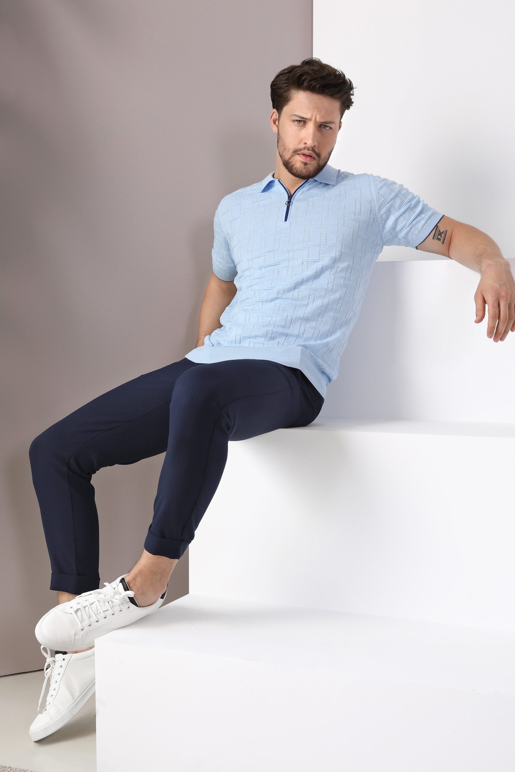 Ferraro Mavi Polo Yaka Fermuarlı Erkek Pamuk Triko T-Shirt