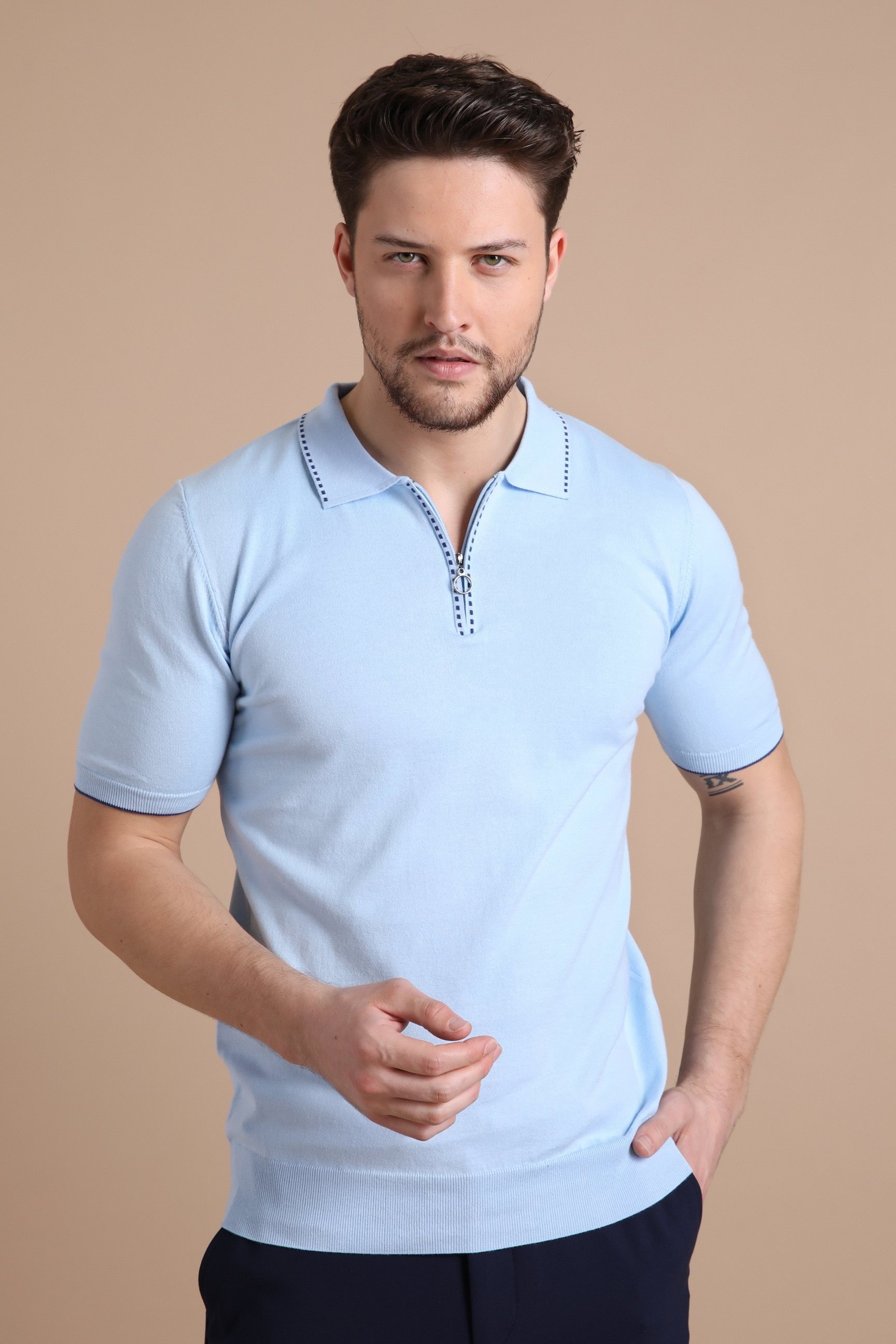 Ferraro Mavi Polo Yaka Fermuarlı Erkek Pamuk Triko T-Shirt