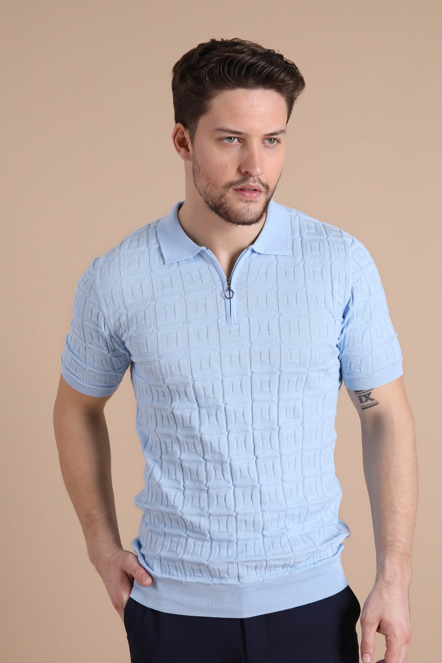 Ferraro Mavi Polo Yaka Fermuarlı Erkek Pamuk Triko T-Shirt