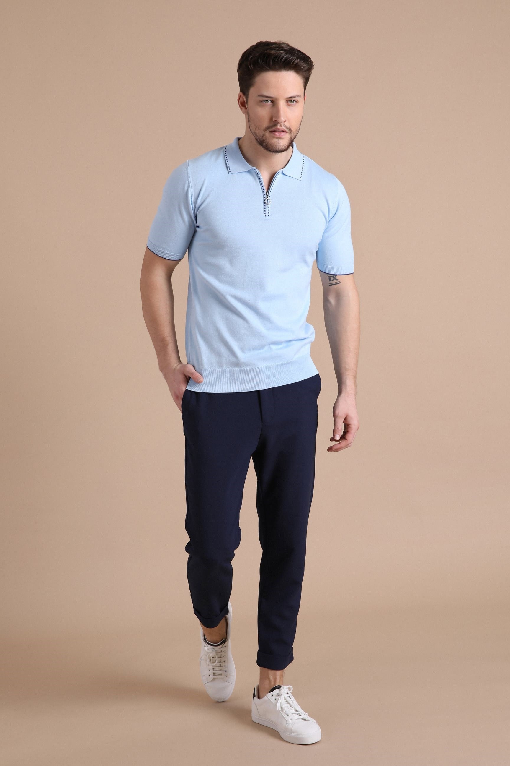 Ferraro Mavi Polo Yaka Fermuarlı Erkek Pamuk Triko T-Shirt