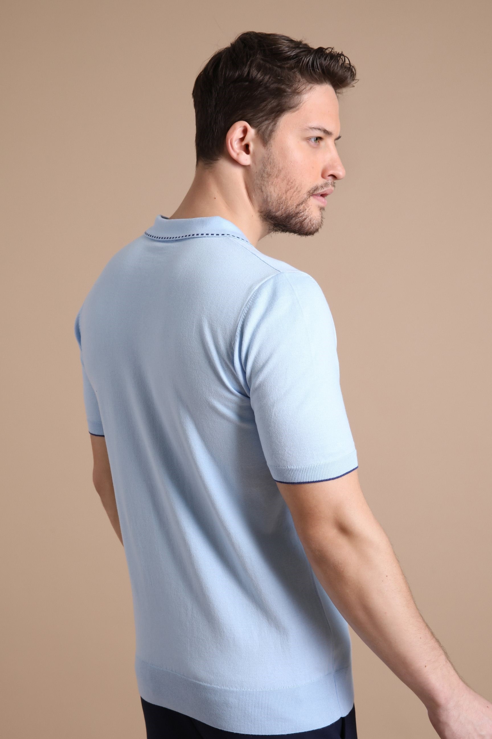 Ferraro Mavi Polo Yaka Fermuarlı Erkek Pamuk Triko T-Shirt