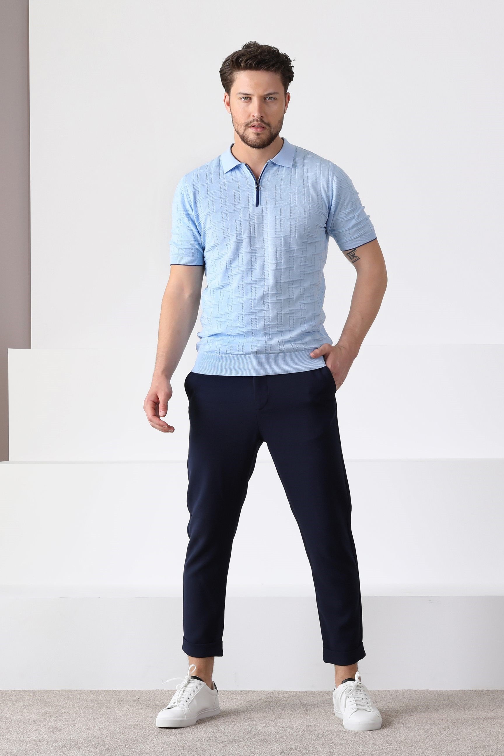 Ferraro Mavi Polo Yaka Fermuarlı Erkek Pamuk Triko T-Shirt