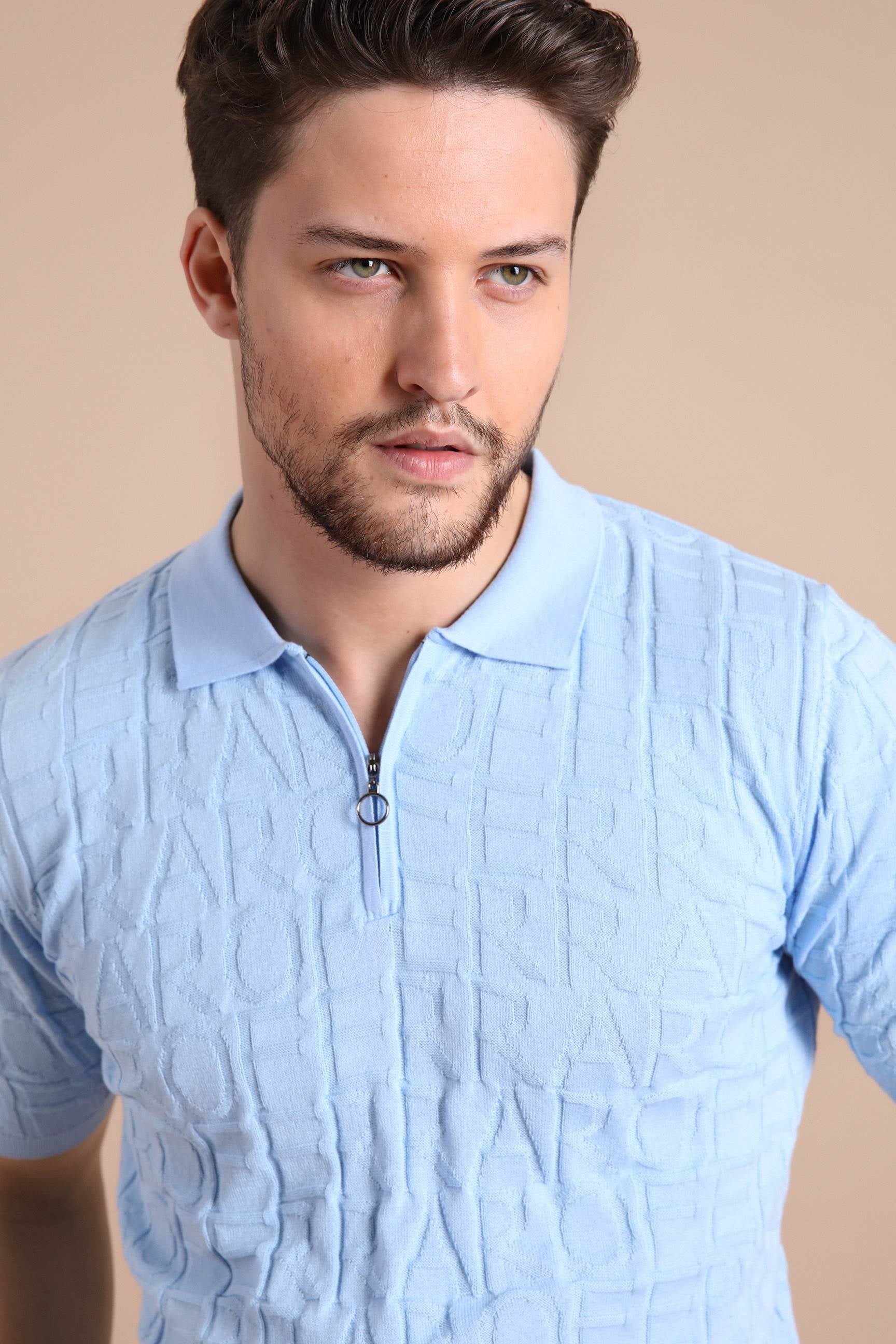 Ferraro Mavi Polo Yaka Fermuarlı Erkek Pamuk Triko T-Shirt