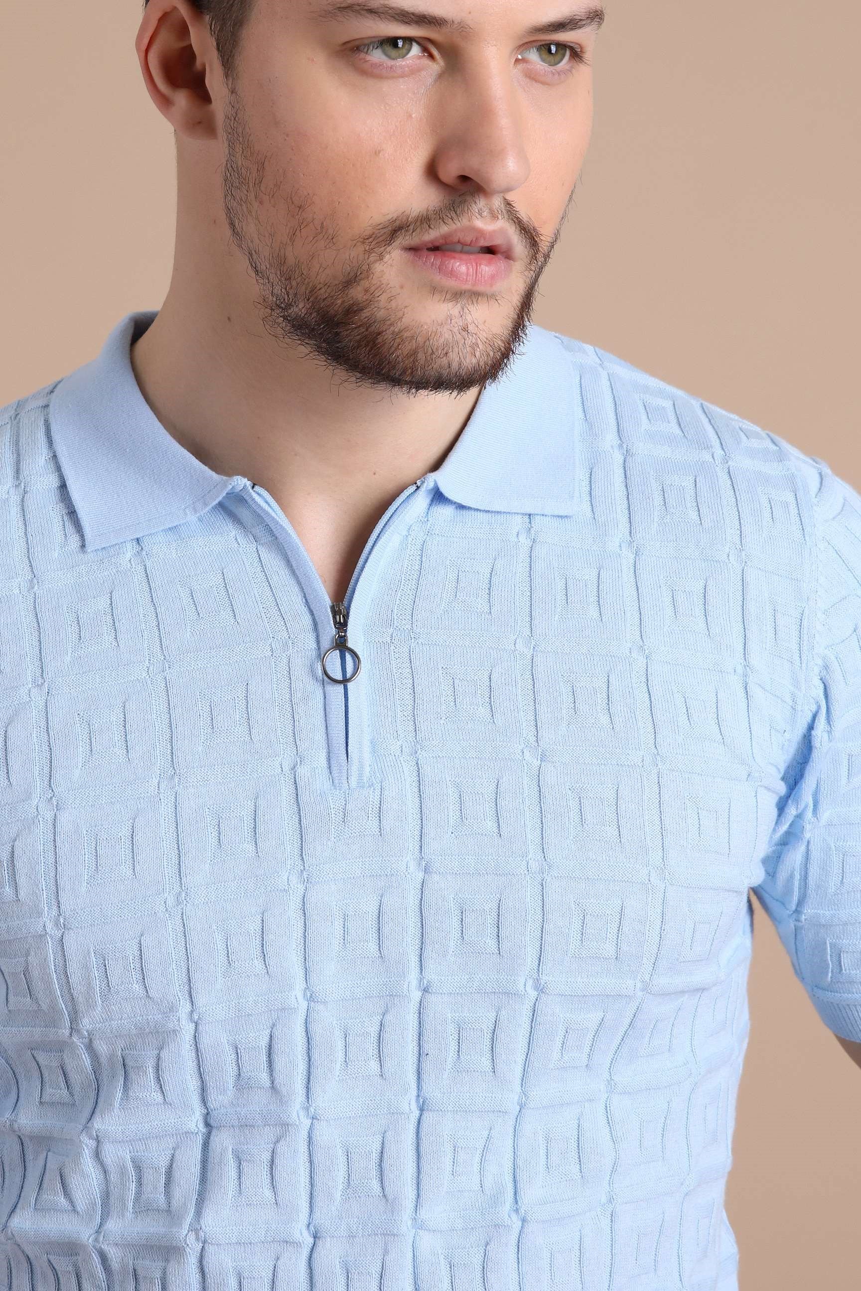 Ferraro Mavi Polo Yaka Fermuarlı Erkek Pamuk Triko T-Shirt