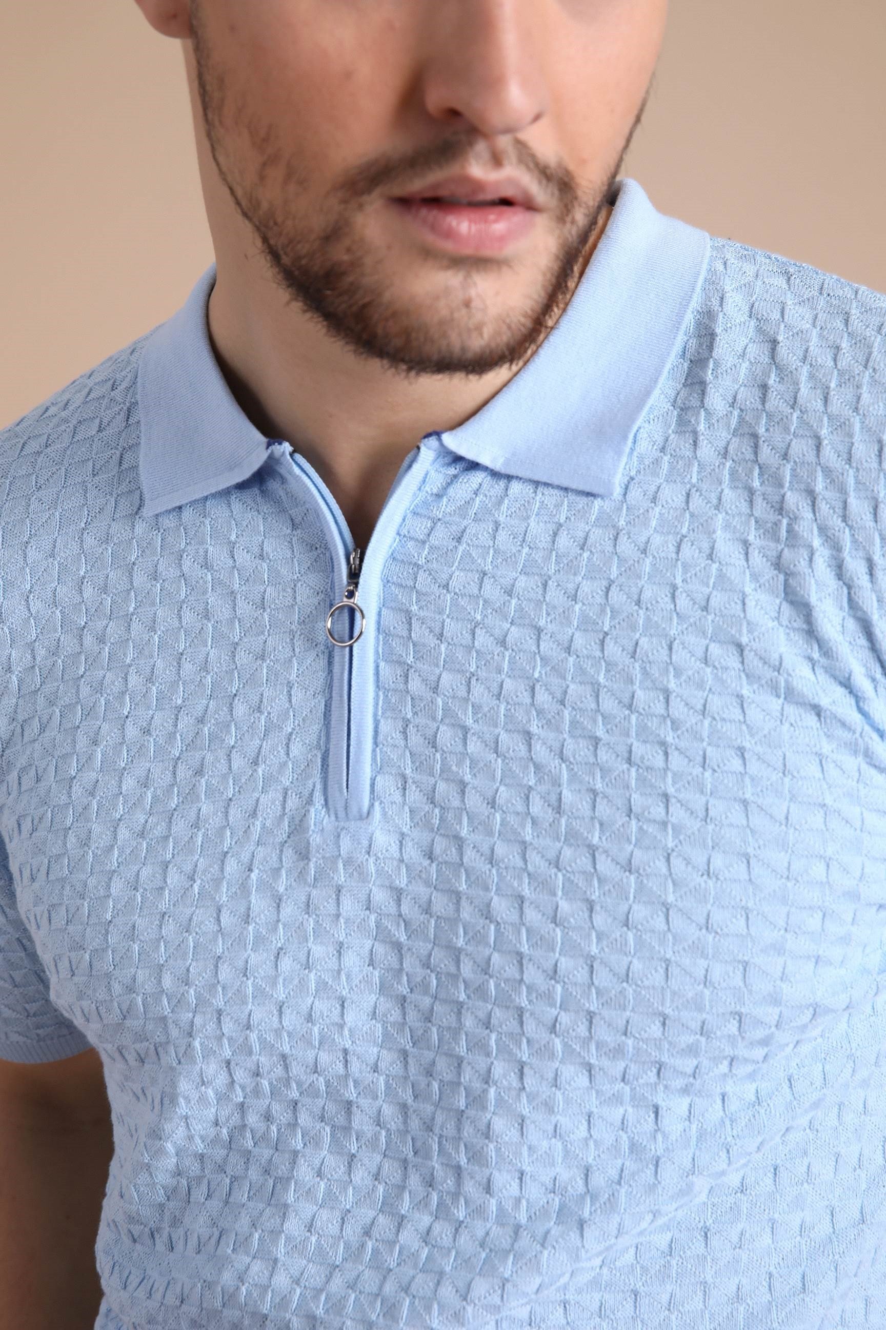 Ferraro Mavi Polo Yaka Fermuarlı Erkek Pamuk Triko T-Shirt