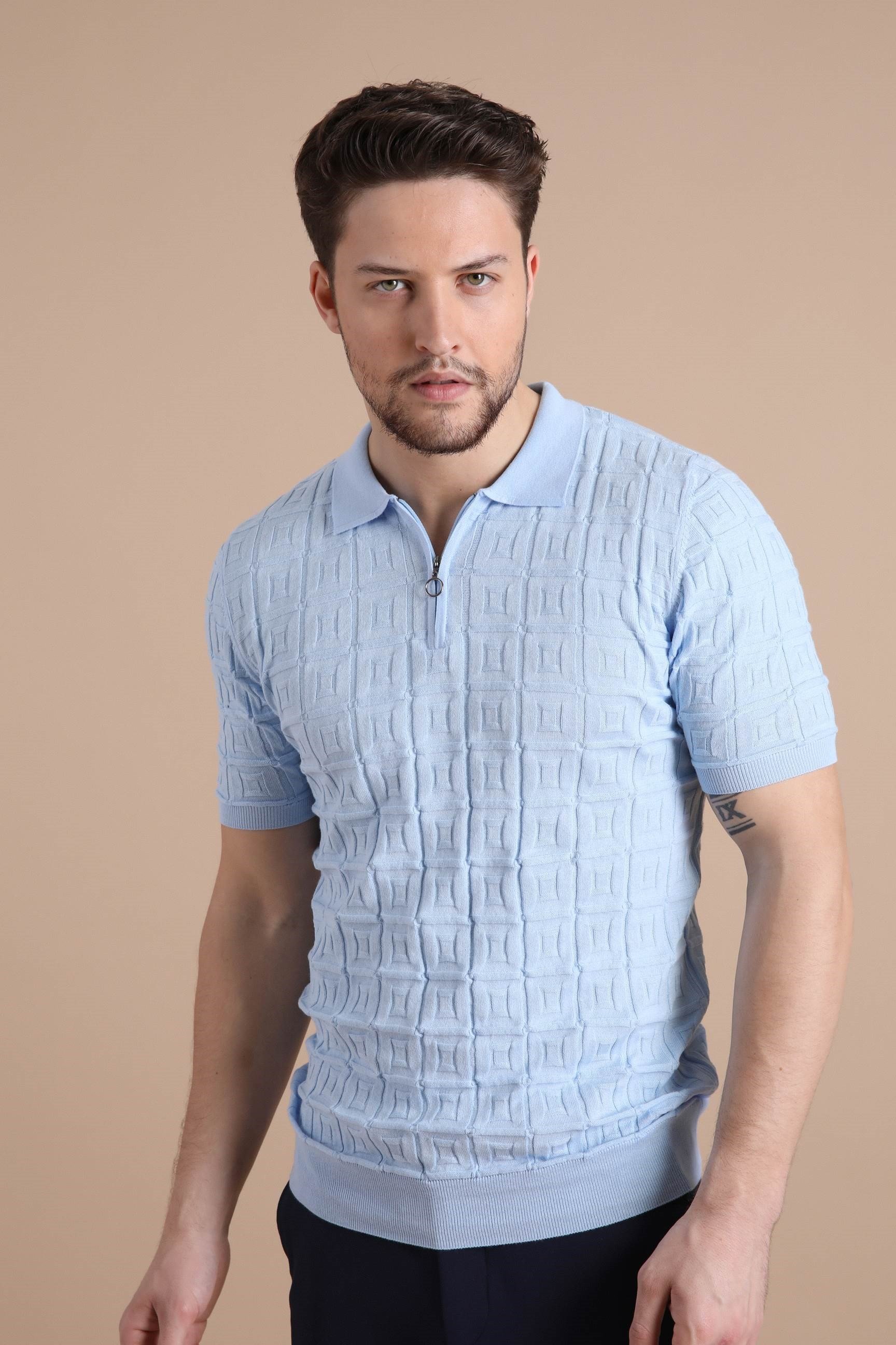 Ferraro Mavi Polo Yaka Fermuarlı Erkek Pamuk Triko T-Shirt