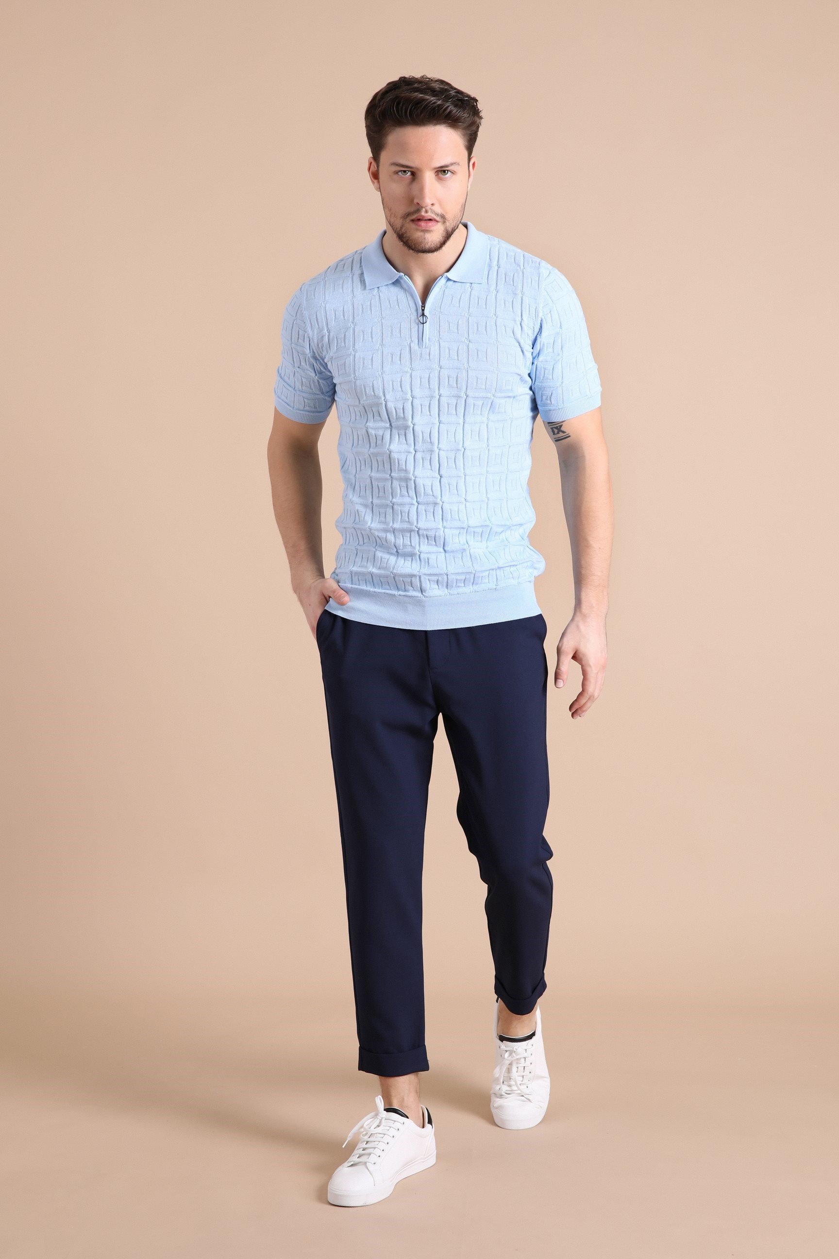 Ferraro Mavi Polo Yaka Fermuarlı Erkek Pamuk Triko T-Shirt