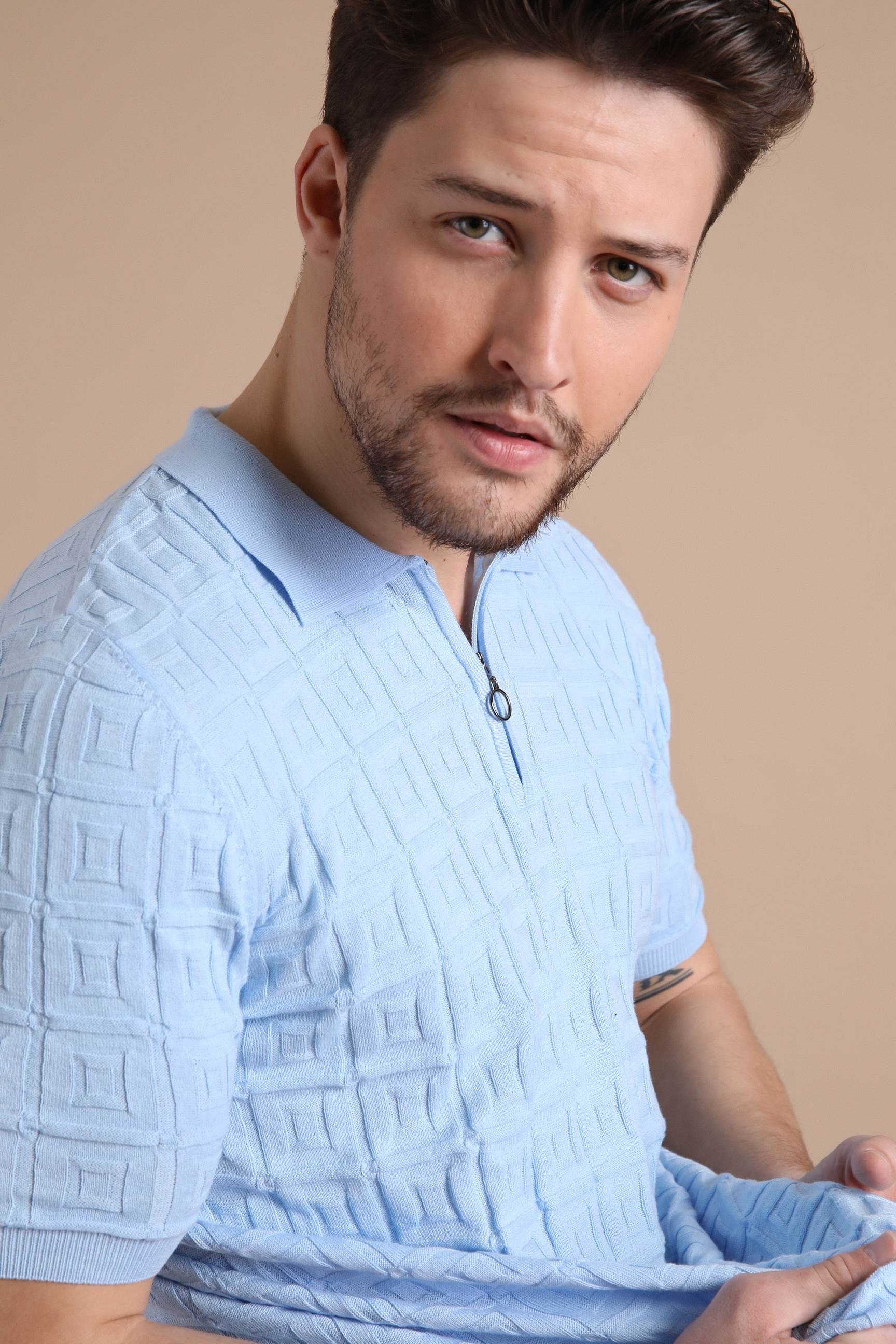 Ferraro Mavi Polo Yaka Fermuarlı Erkek Pamuk Triko T-Shirt