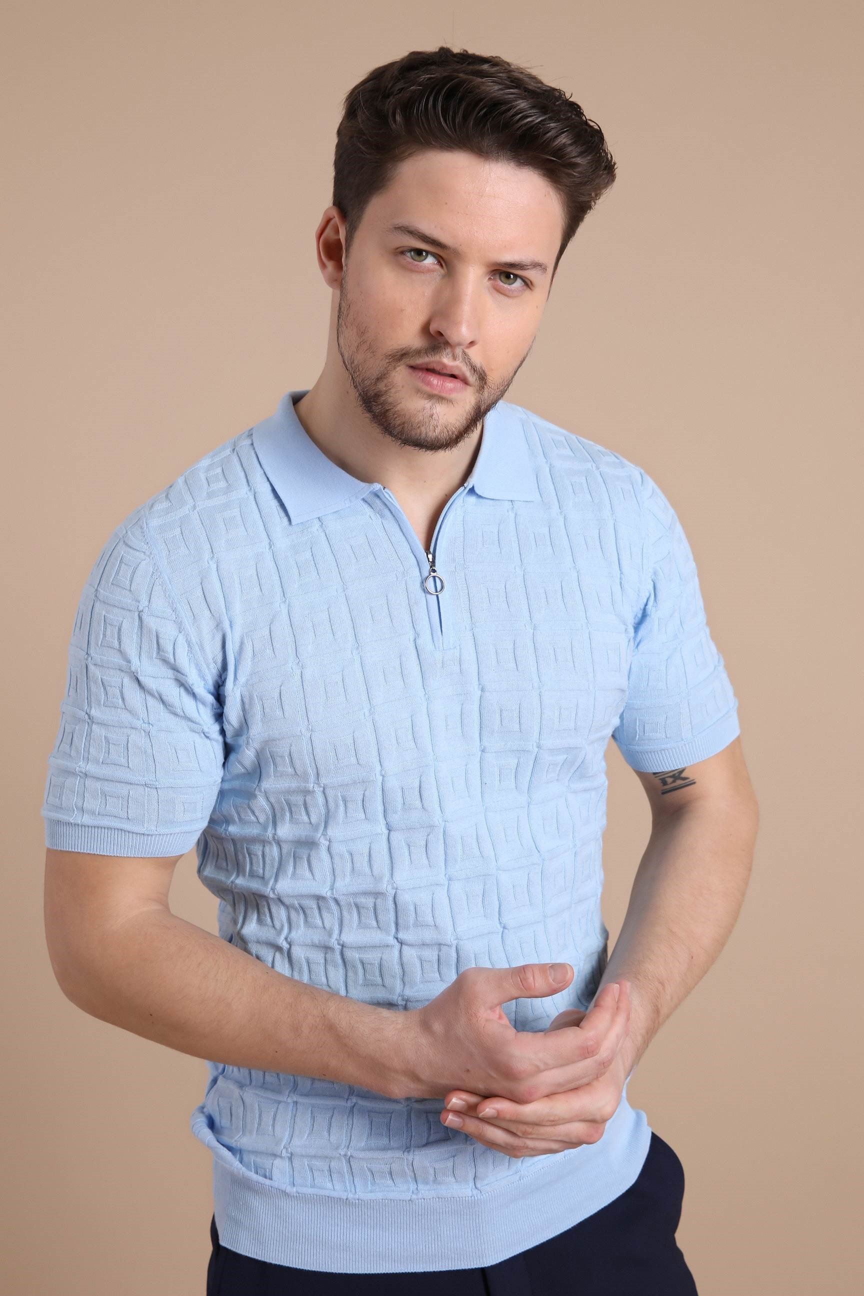 Ferraro Mavi Polo Yaka Fermuarlı Erkek Pamuk Triko T-Shirt