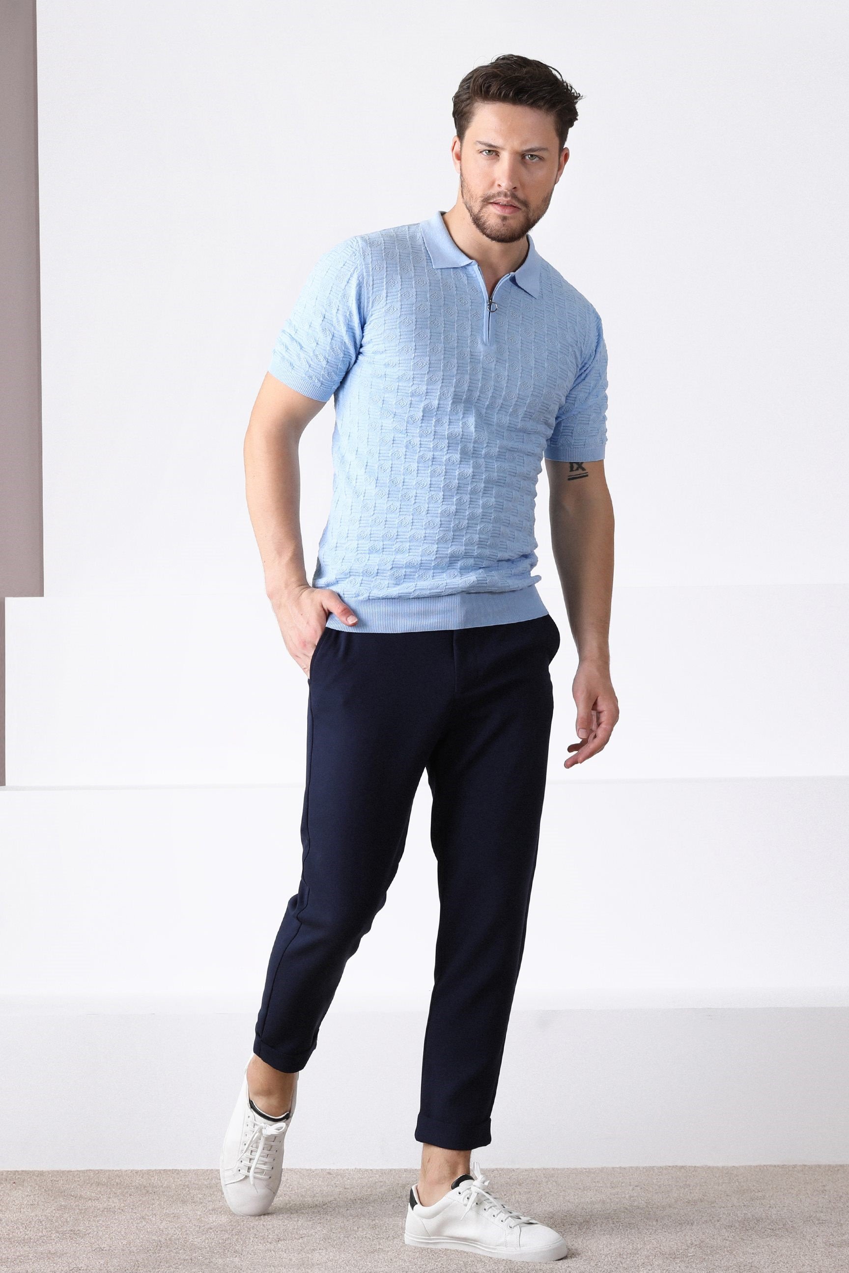 Ferraro Mavi Polo Yaka Fermuarlı Erkek Pamuk Triko T-Shirt