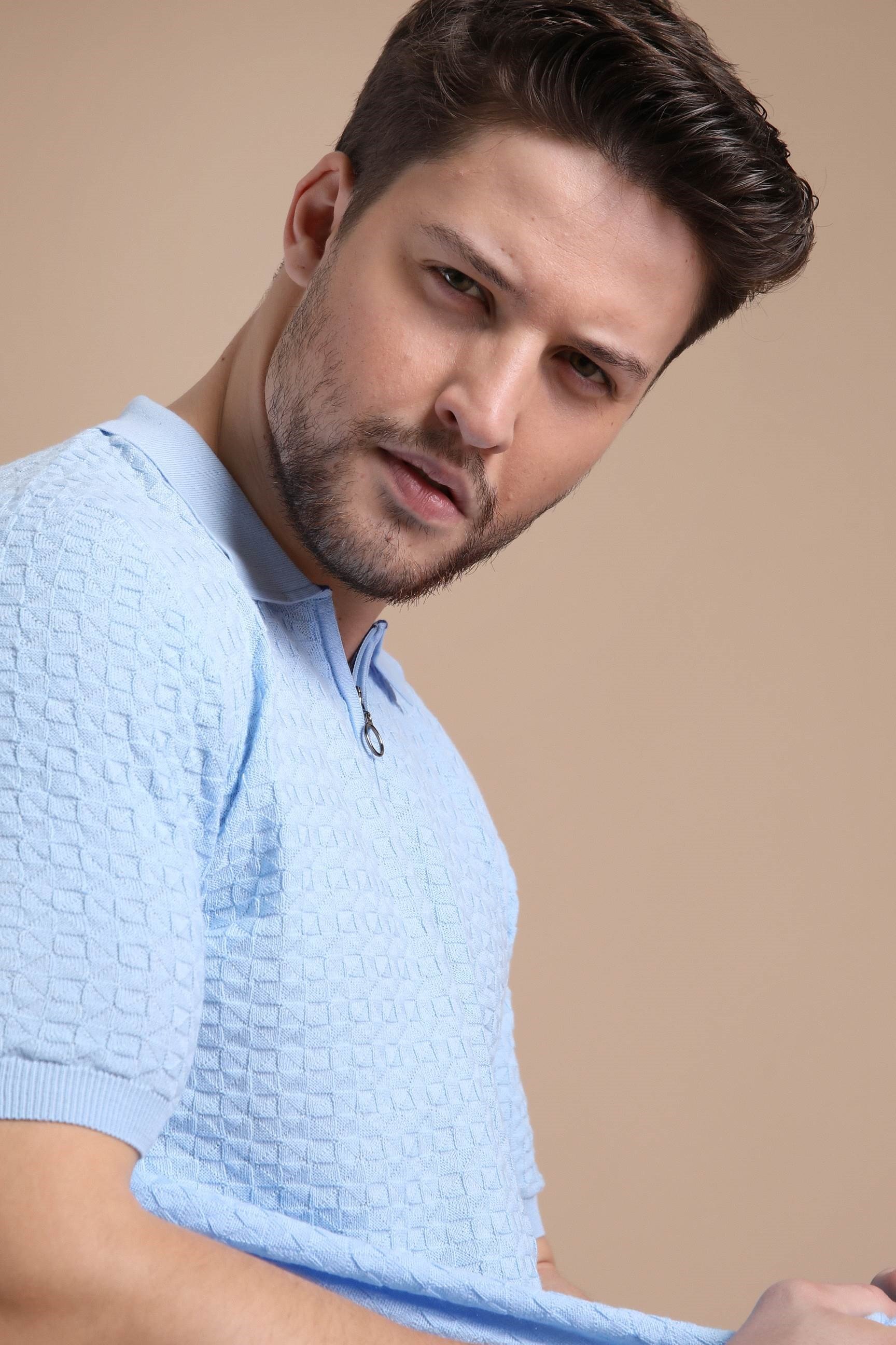 Ferraro Mavi Polo Yaka Fermuarlı Erkek Pamuk Triko T-Shirt