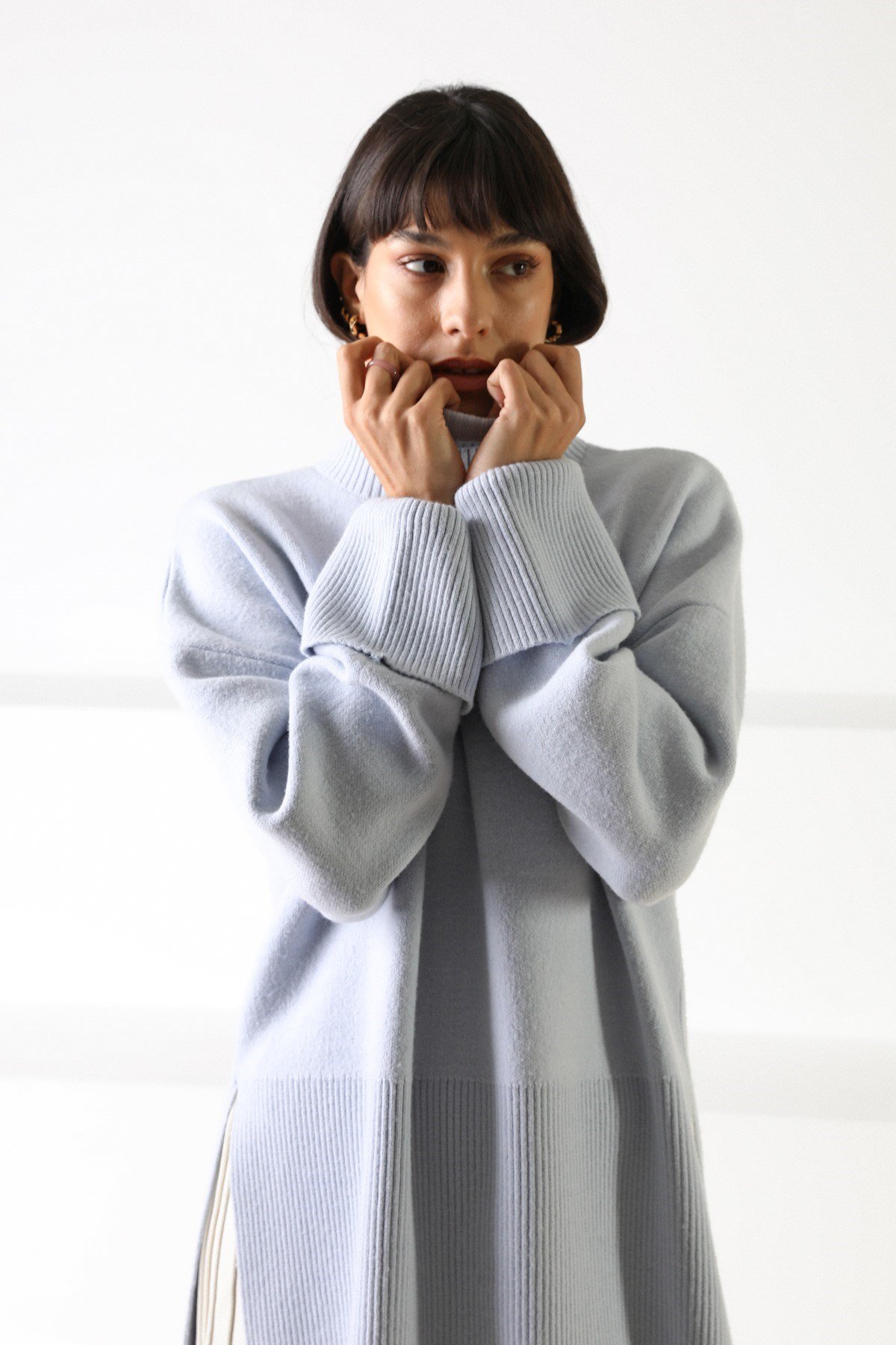 Ferraro Mavi Uzun Kollu Balıkçı Yaka Kaşmirli Kadın Triko Kazak